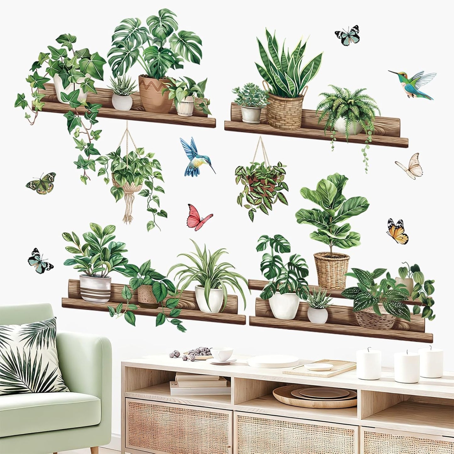 Pot Plants Wall Stickers Leaves Potted Plant Butterfly Bird Peel and Stick Wall Art Decals / Green