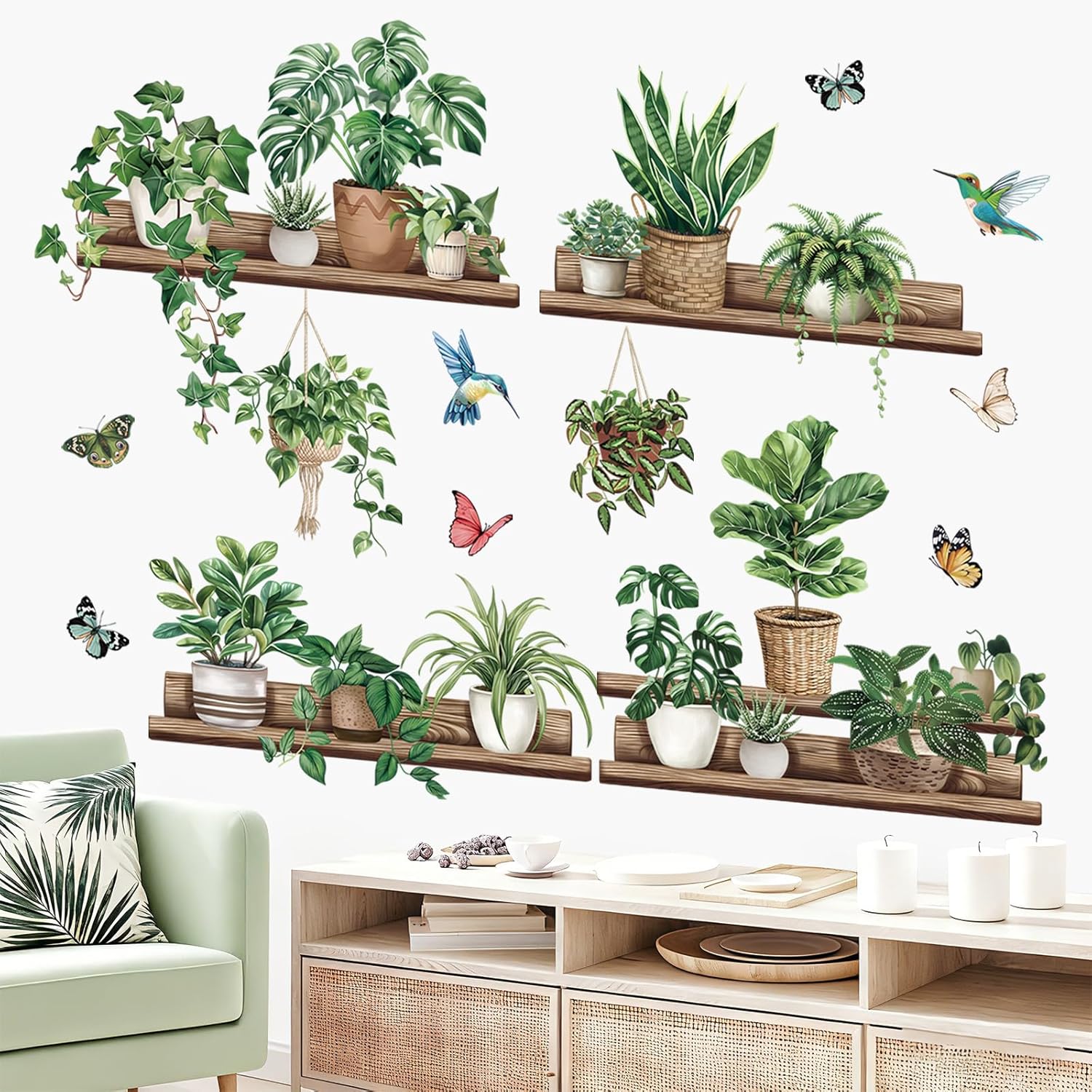 Pot Plants Wall Stickers Leaves Potted Plant Butterfly Bird Peel and Stick Wall Art Decals / Green