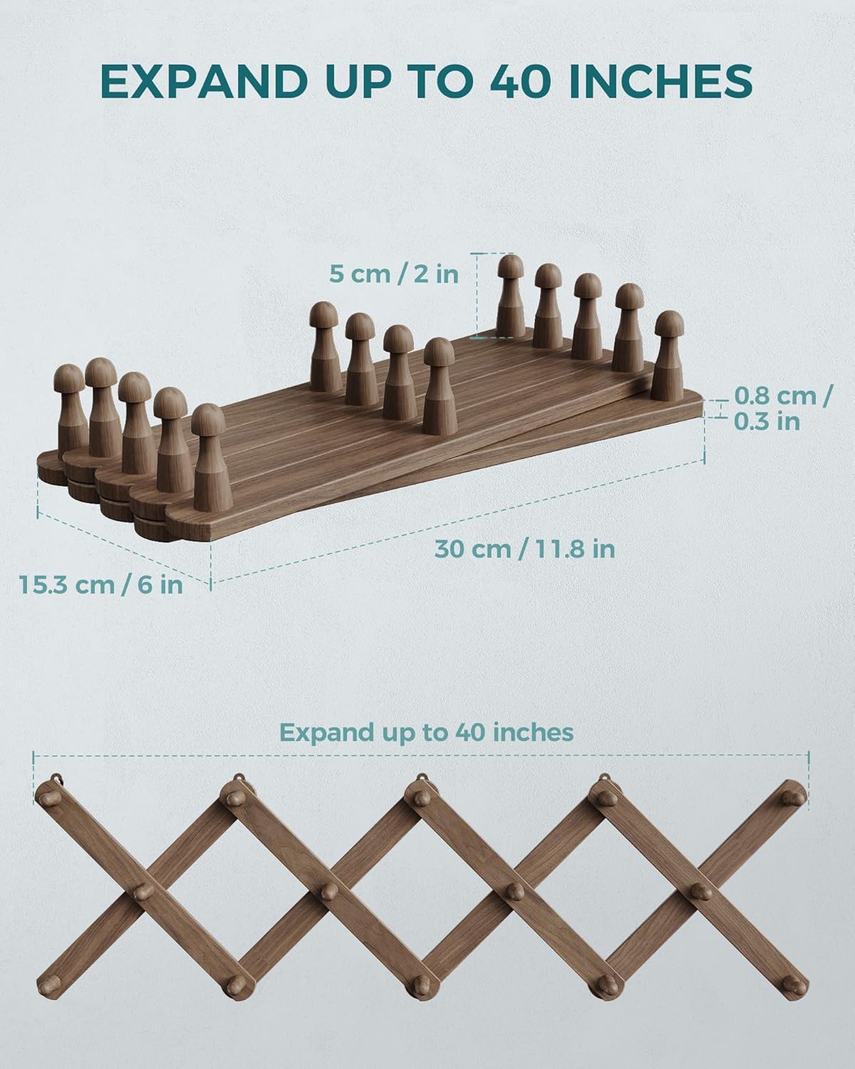 Expanding Hat Rack / Walnut Color / 14 Pegs