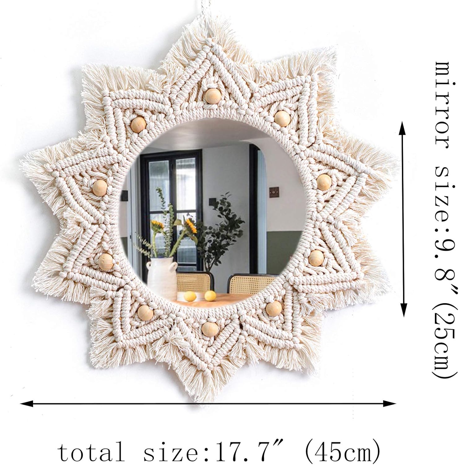 Boho Wall Decor Mirror Macrame Circle Hanging Mirror / White
