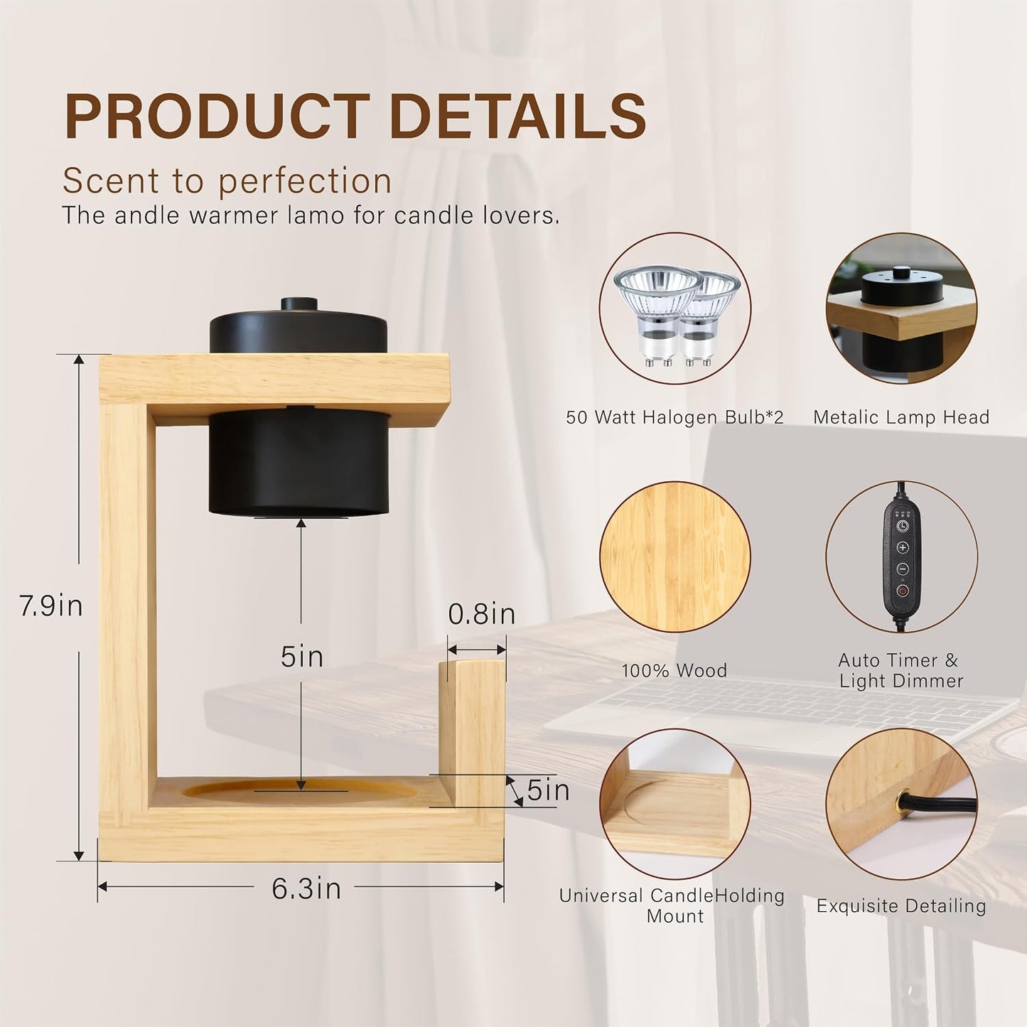 AIKUT Candle Warmer Lamp, with 2 Bulbs,Timer & Dimmer,Simple Natural Wood,Compatible Up to 4.5 inch Candles,for Home