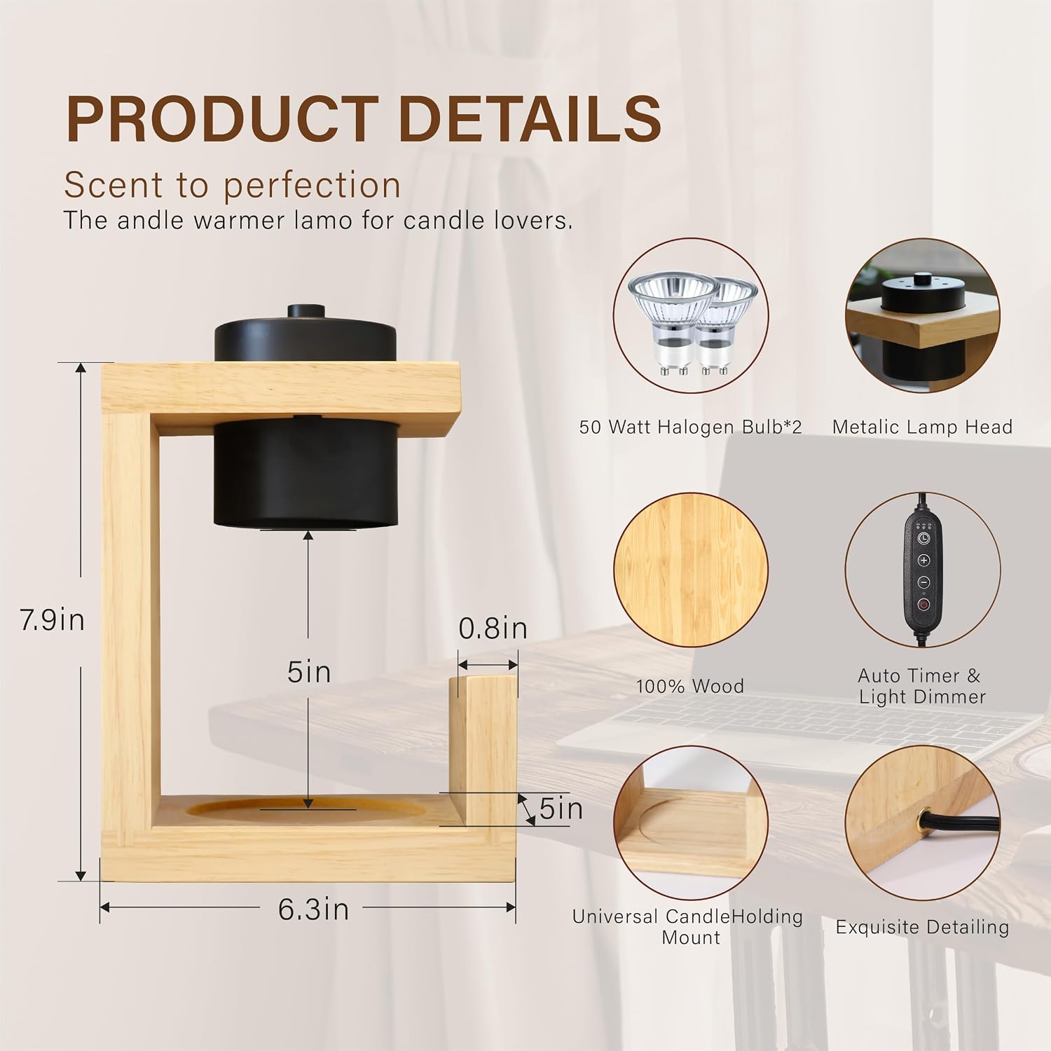 AIKUT Candle Warmer Lamp, with 2 Bulbs,Timer & Dimmer,Simple Natural Wood,Compatible Up to 4.5 inch Candles,for Home