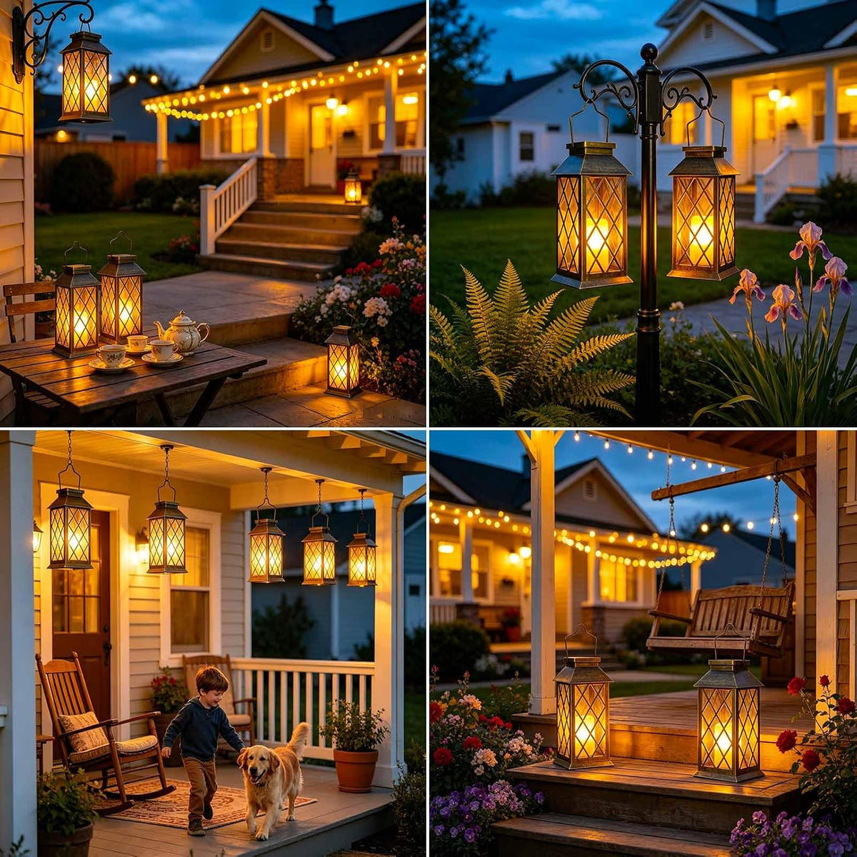 2 Pack 11" Medium Tempered Glass Solar Lanterns Outdoor Waterproof | Hanging Solar Lights with Flickering Flameless