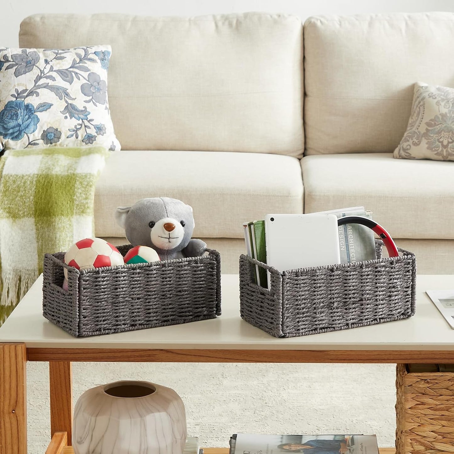 Wicker Storage Basket / Grey / 11.2"D x 6.1"W x 4.8"H / Set of 2