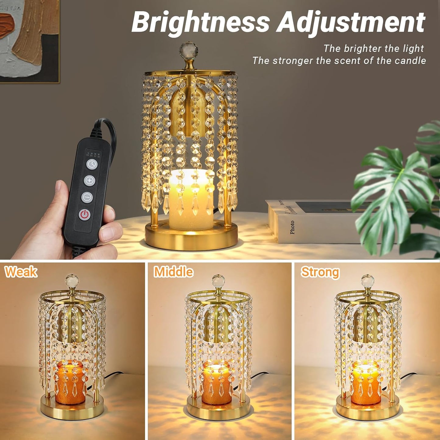 Gold Candle Warmer Lamp with Timer and Dimmer - Electric Candle Warmer,Crystal Candle Lamp for Bedroom Decor,Flameless