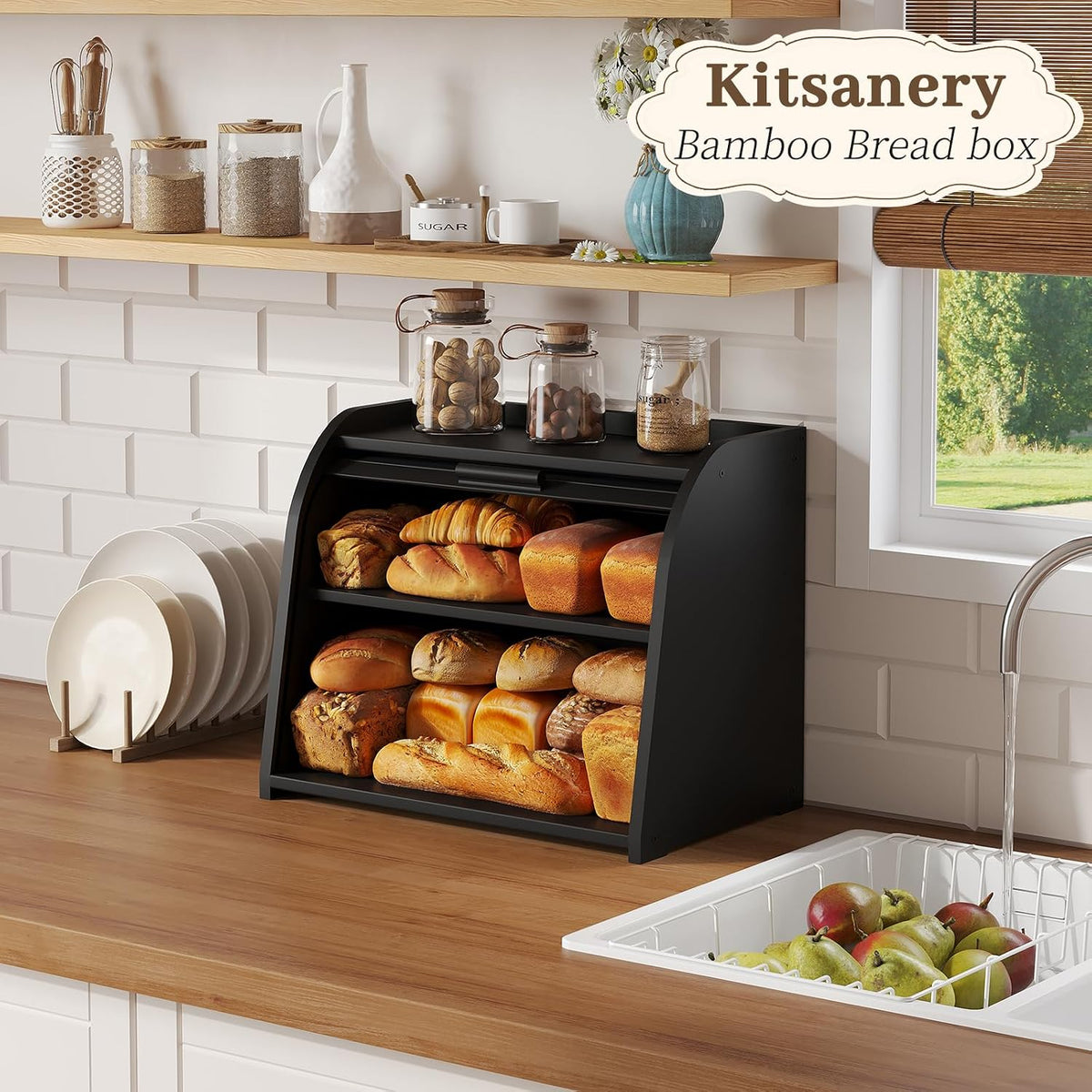 Kitsanery Bread Box for Kitchen Countertop, Bamboo Bread Storage, Double-Layer Roll-Top Bread Container, Farmhouse