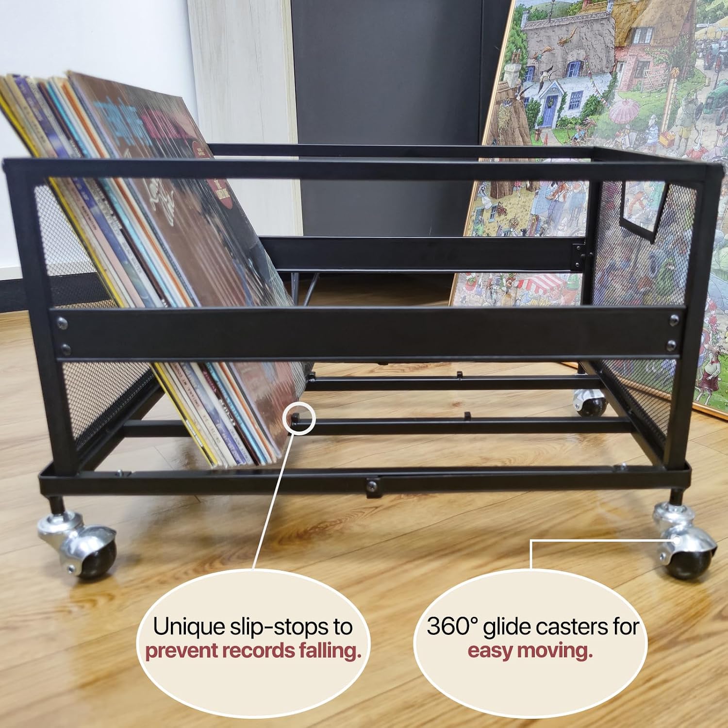 Metal Vinyl Record Storage Crate with Wheels, Vinyl Record Holder for Albums, Vinyl Record Storage Rack - Holds up to