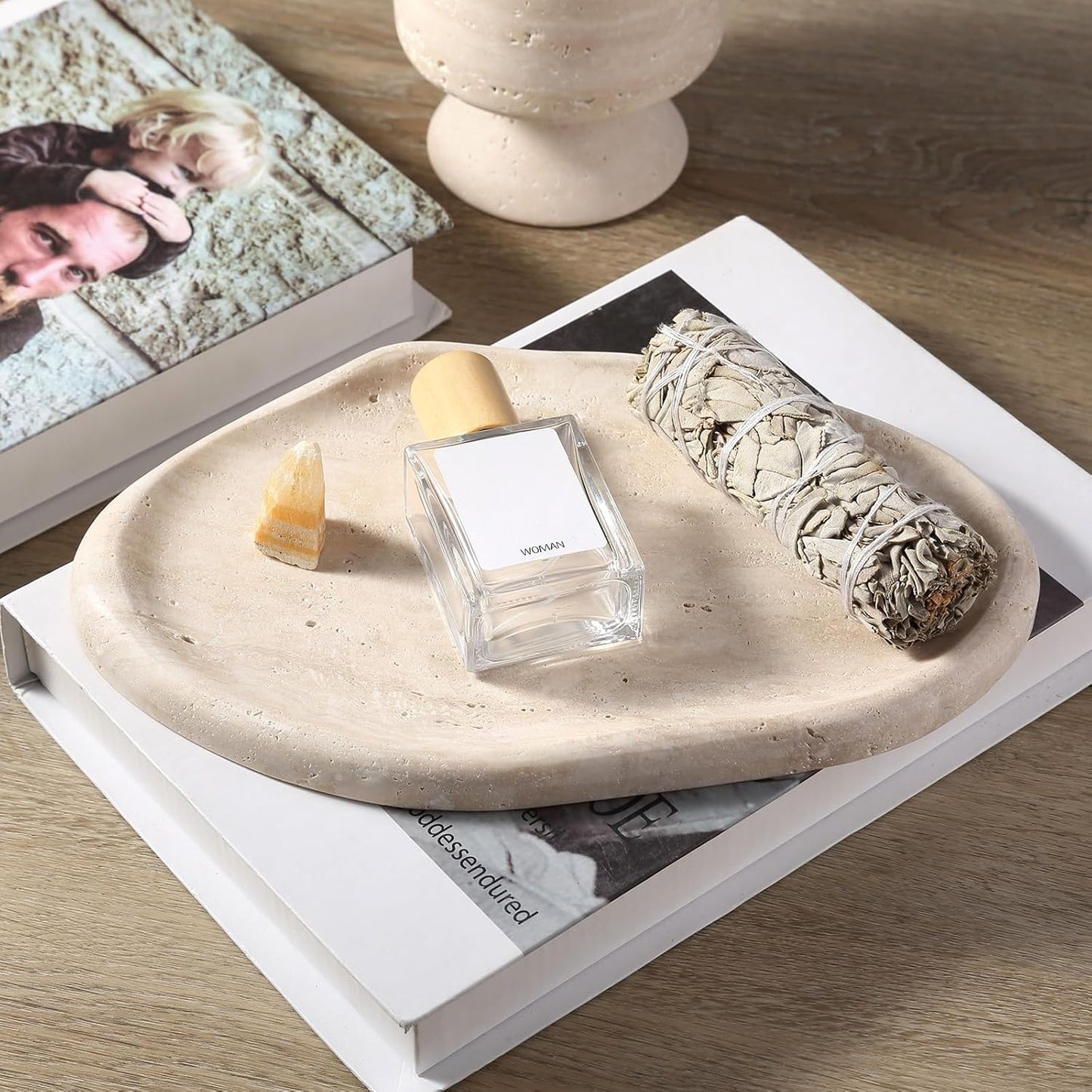 Natural Marble Vanity Tray / Travertine Yellow / 10 x 7