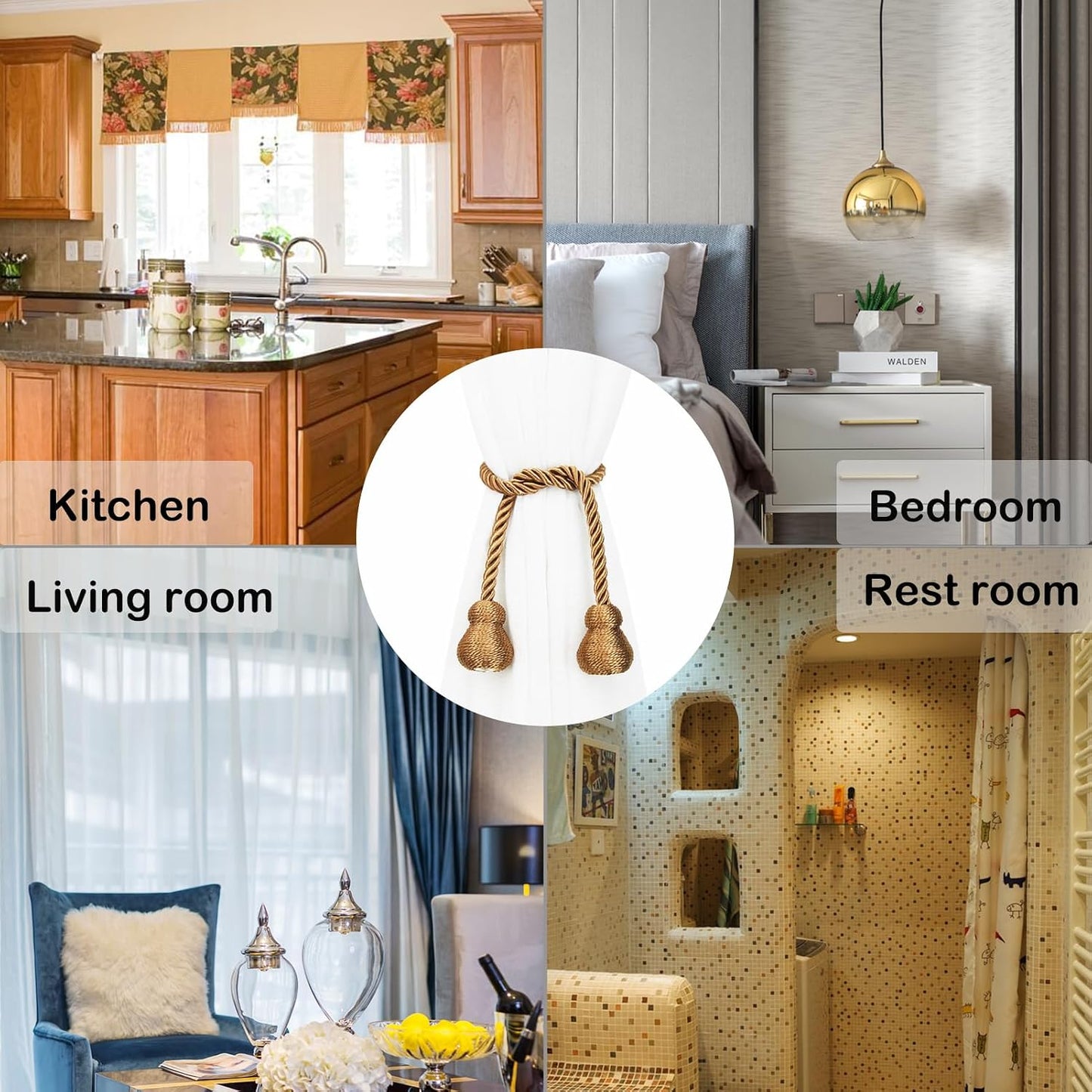 Magnetic Curtain Tiebacks Decorative Curtain Holders for Drapes Nieffeiy | 6 Pack Khaki Outdoor Tie Backs Rope Window