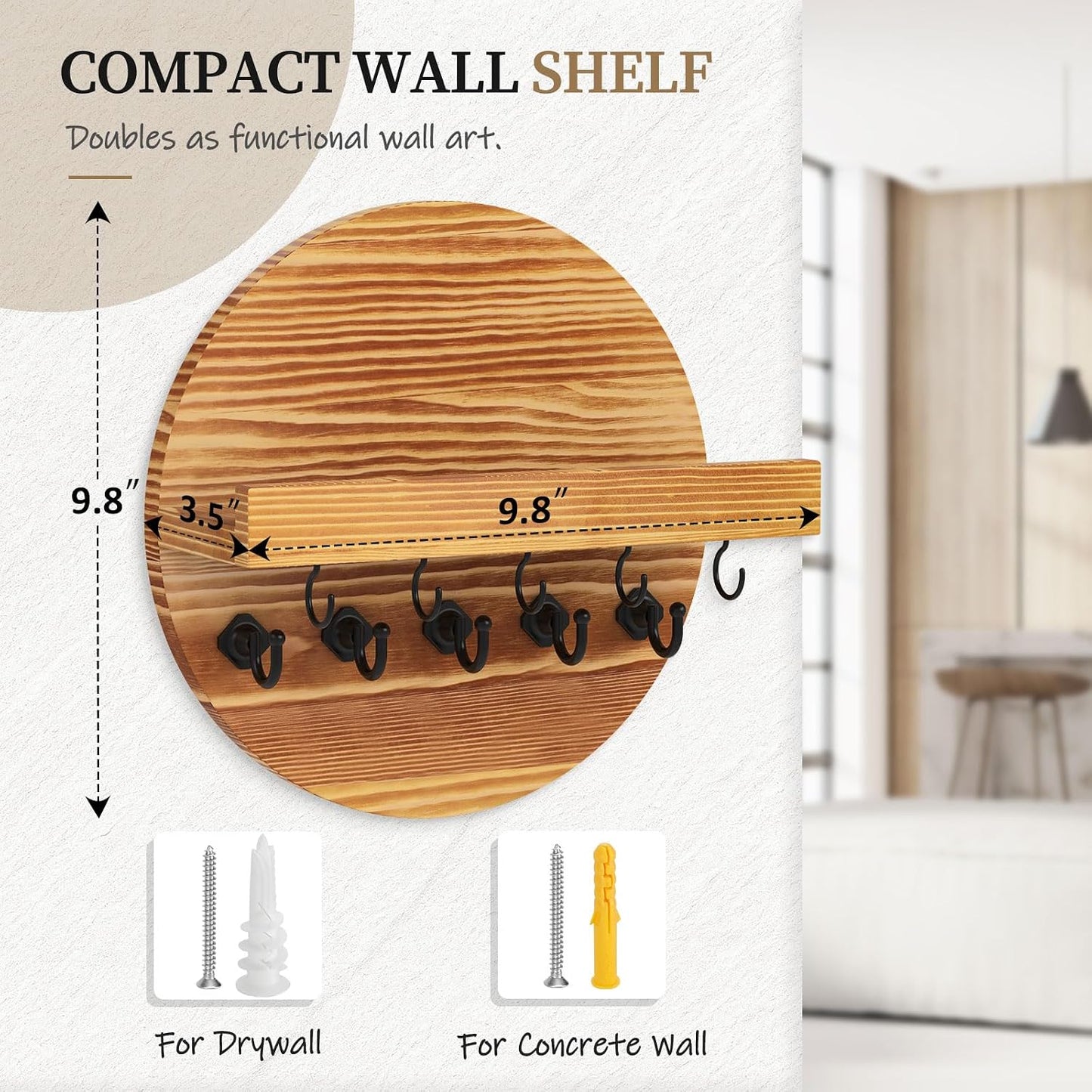 Round Wooden Rustic Wall Organizer for Entryway / Light Brown / 9.8 Inch