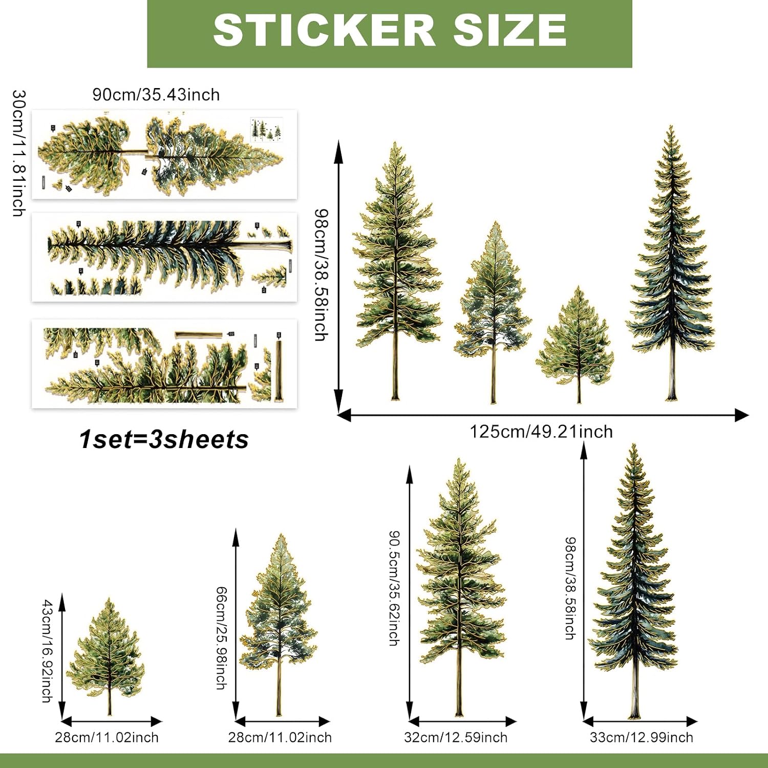 Pine Tree Wall Decal / Green / 11.8*35.4inch