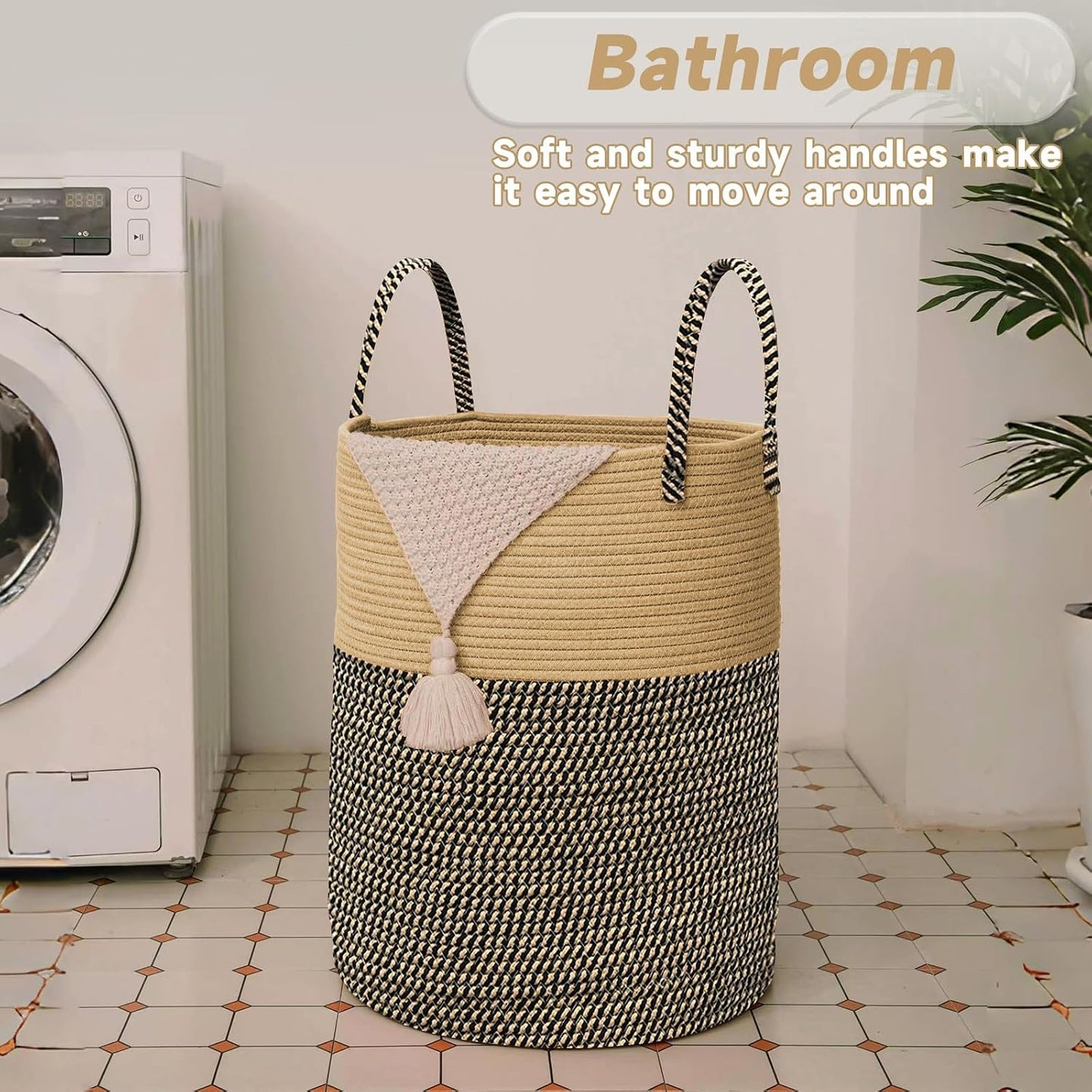 Large Woven Laundry Basket Hamper / Brown and Black / 60L