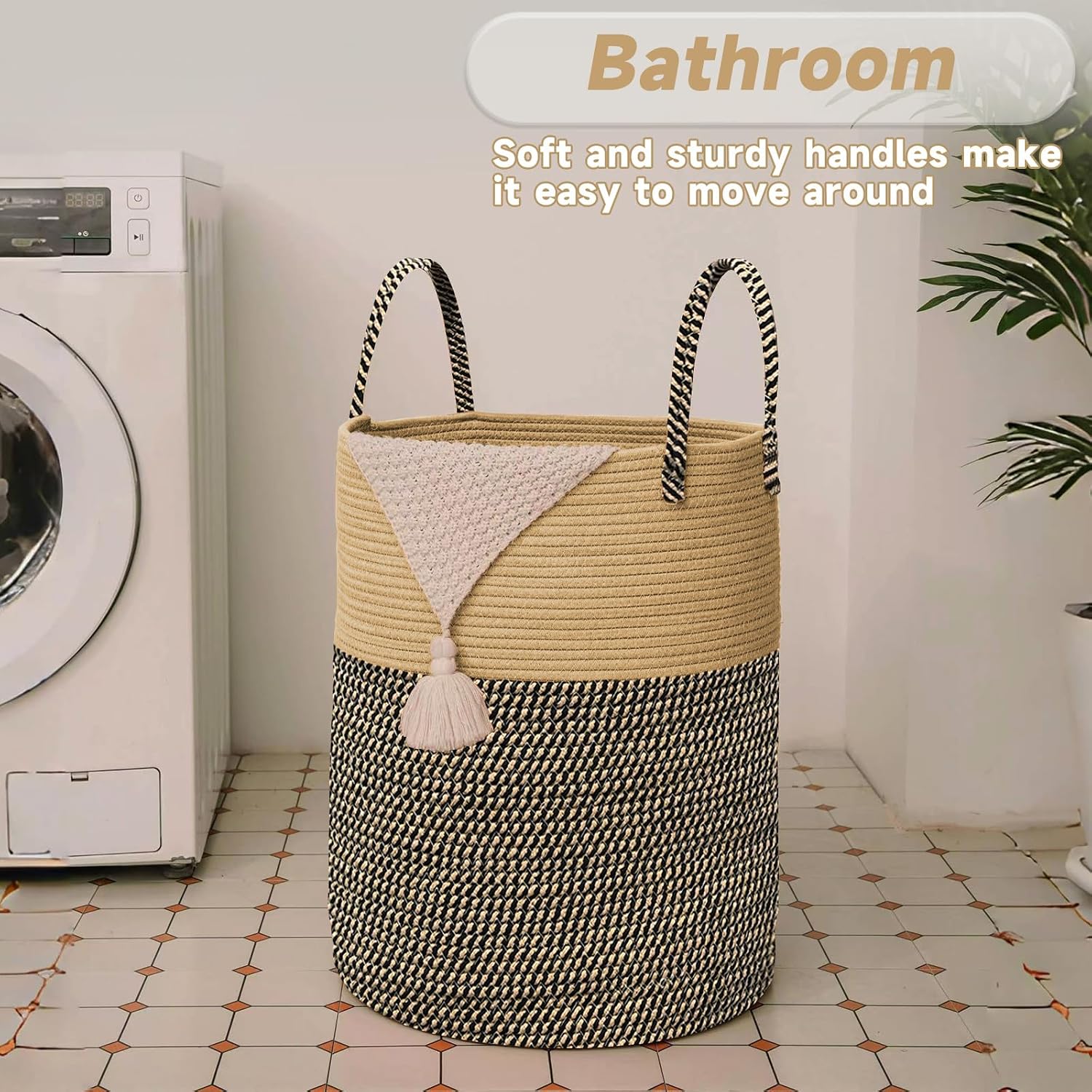 Large Woven Laundry Basket Hamper / Brown and Black / 60L