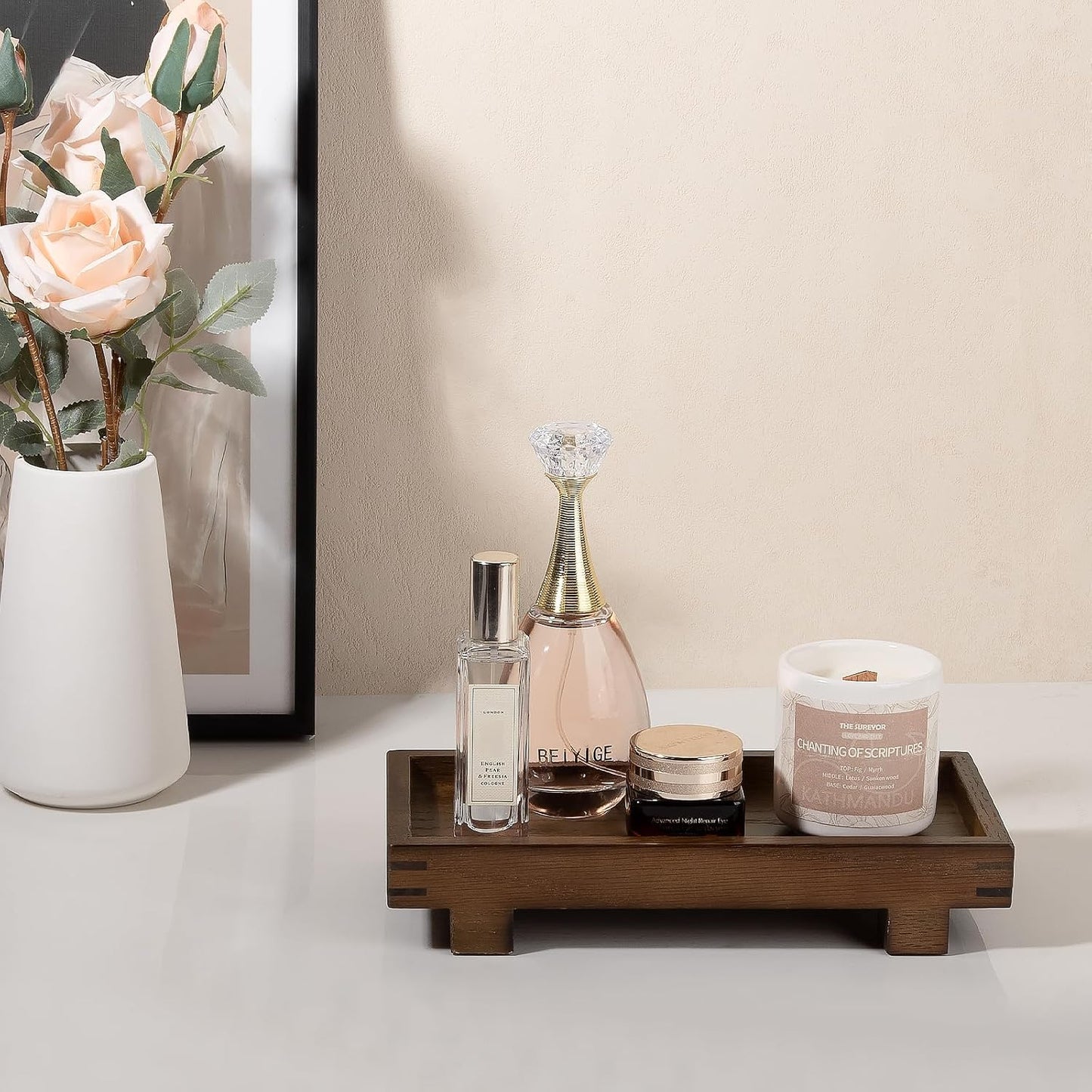 Decorative Tray Small Pedestal Stand Farmhouse Bathroom Decor Wooden / Walnut / 9.4 x 4.7 x 1.7