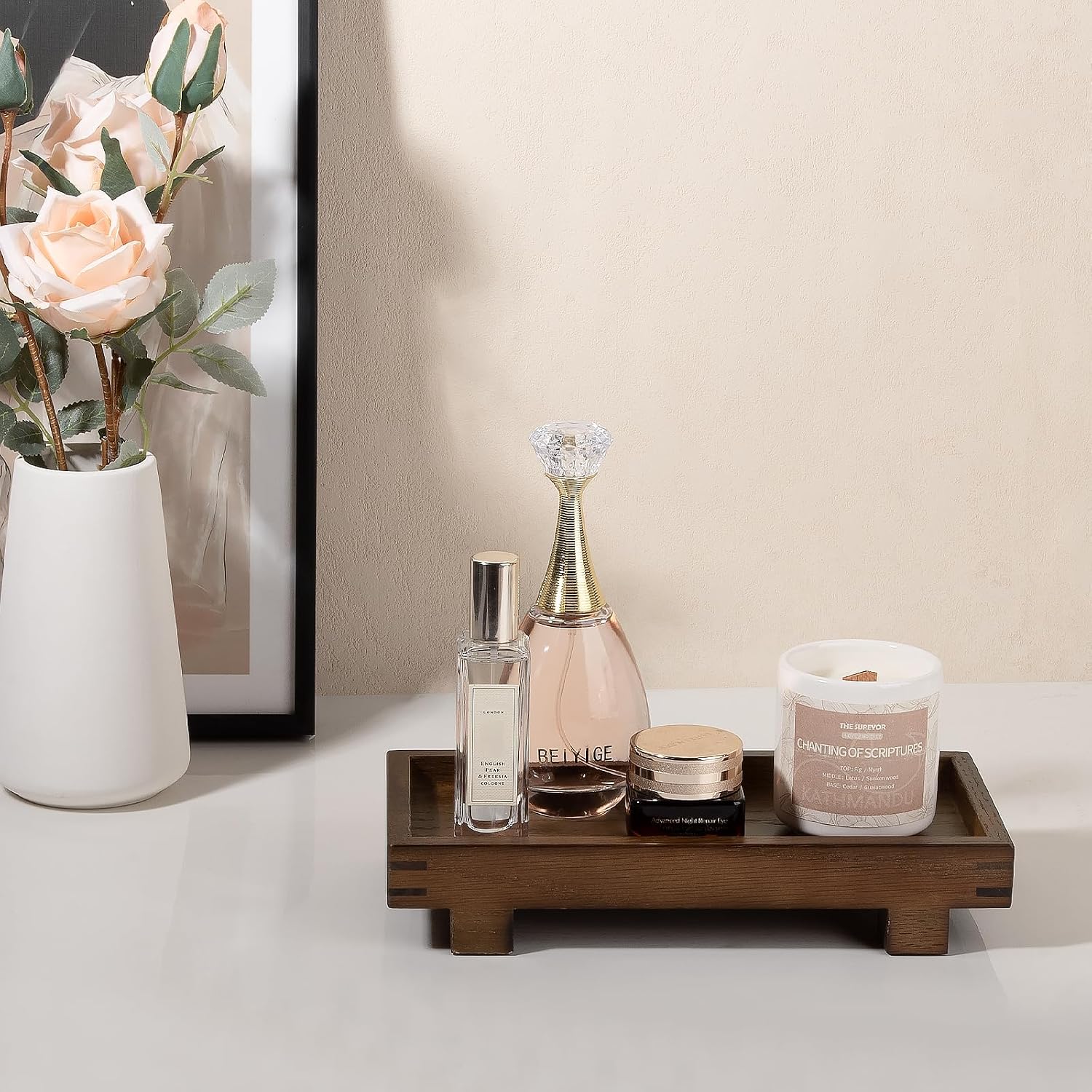 Decorative Tray Small Pedestal Stand Farmhouse Bathroom Decor Wooden / Walnut / 9.4 x 4.7 x 1.7