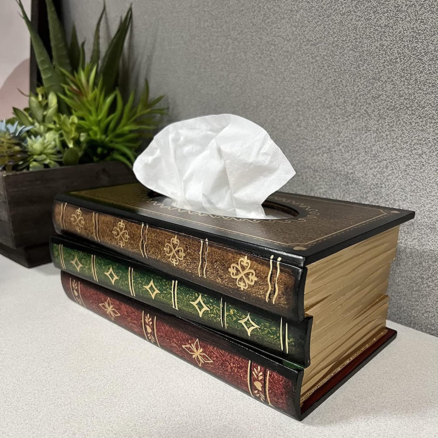 Crafted Classical Retro Wooden Antique Book Tissue Box Cover Rectangular Tissue Holder Dispenser