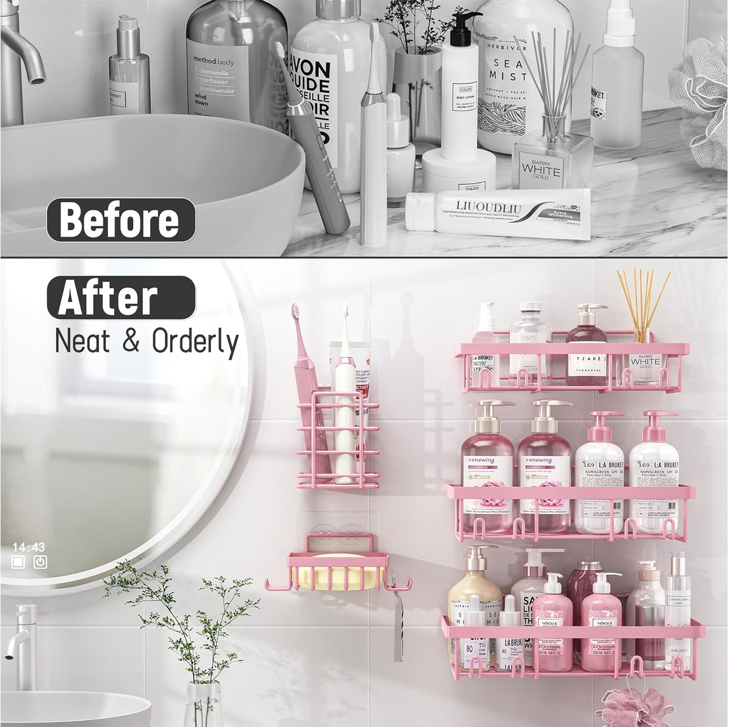 Adhesive Bathroom Wall Storage Basket Rustproof / Pink / Set of 5