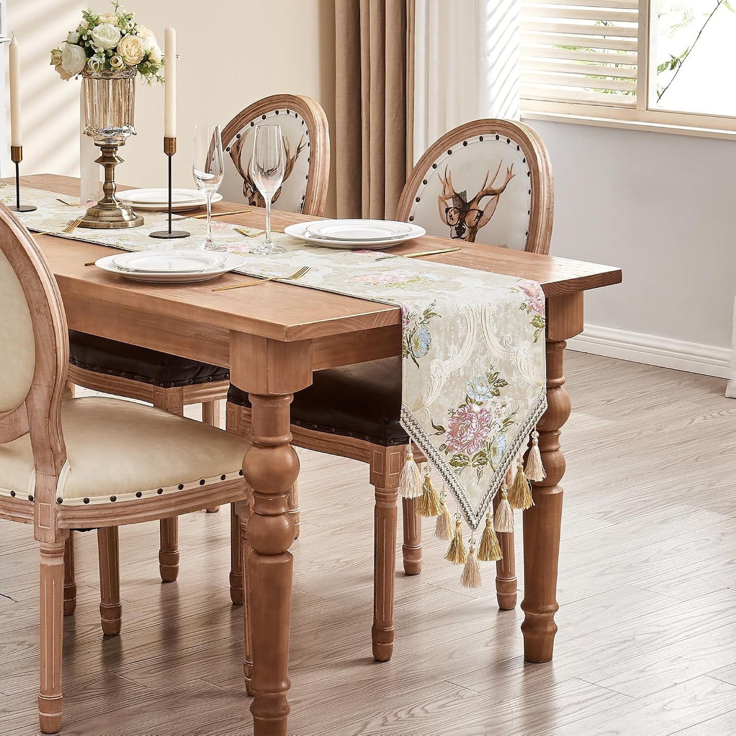 Loom and Mill European Jacquard Floral Table Runner 13x72 inch,Pearly Beige | Elegant Damask Dining Table Runners with