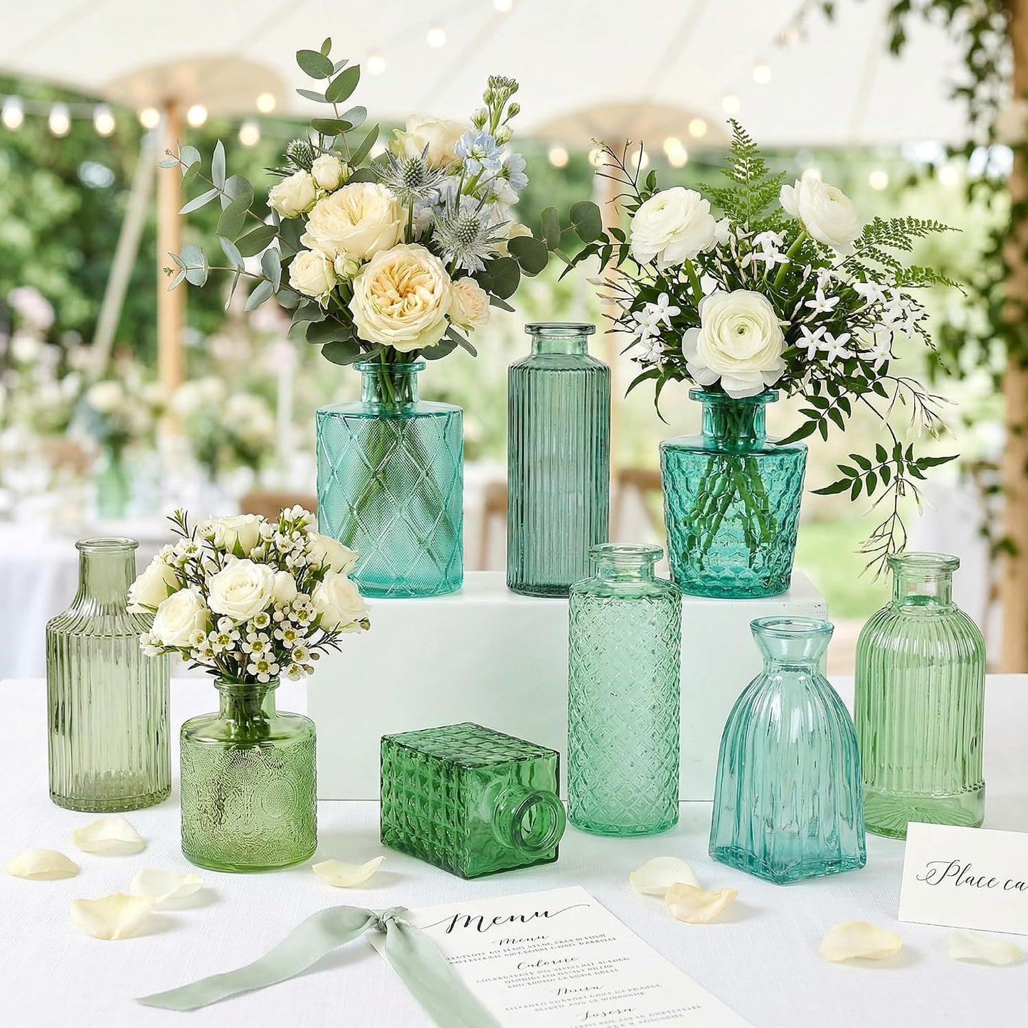 Green Glass Bud Vases / Green Series / Set of 15