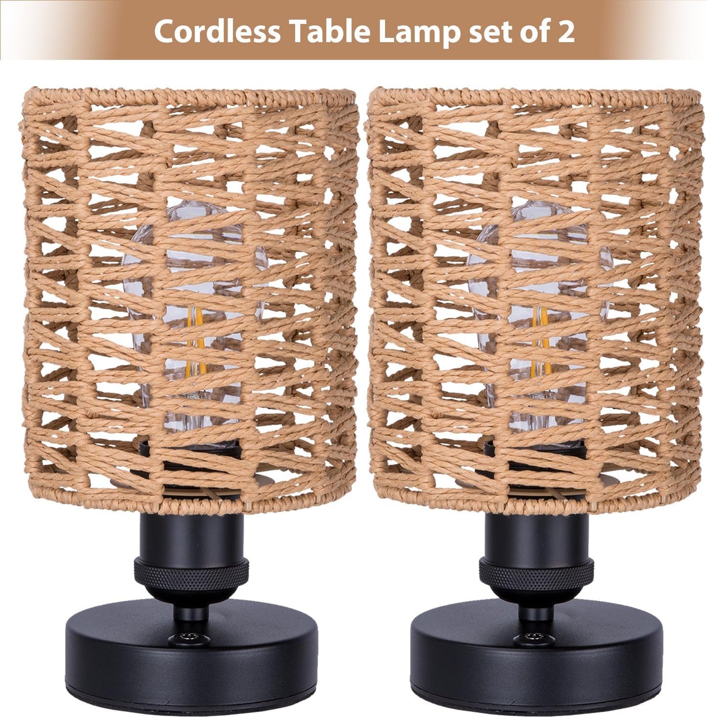 Cordless Outdoor Table Lamps, Small Rattan Boho, Rechargeable Battery Operated for Outdoor Patio, Home, Living Room