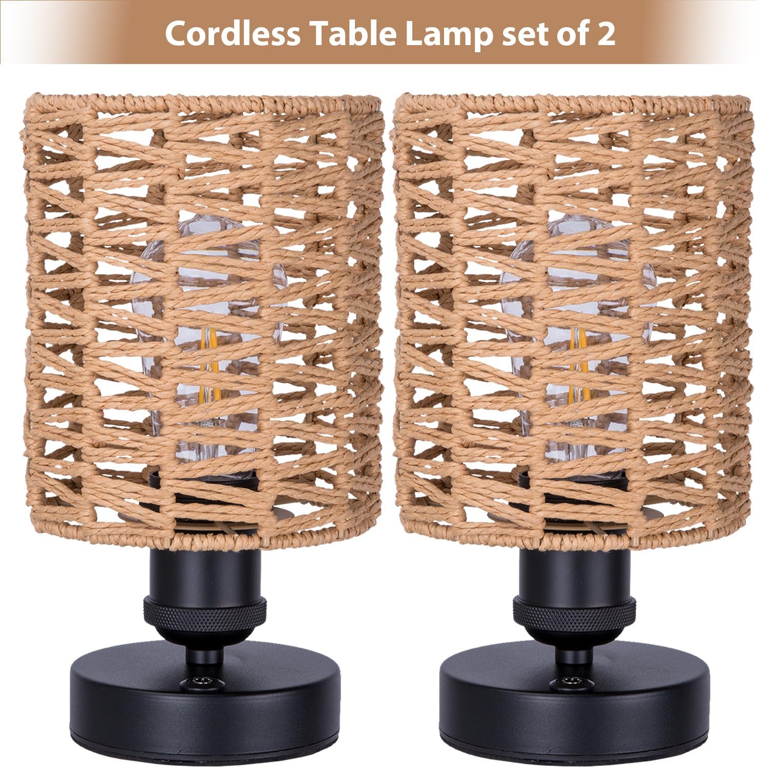 Cordless Outdoor Table Lamps, Small Rattan Boho, Rechargeable Battery Operated for Outdoor Patio, Home, Living Room