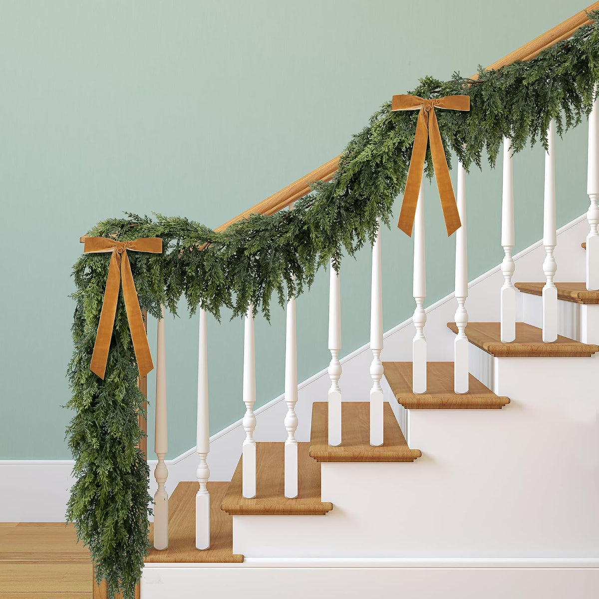 2 Pcs Christmas Norfolk Pine Garlands, 6Ft 2 Color Artificial Cedar Garland | Real Touch Faux Pine Cypress Greenery