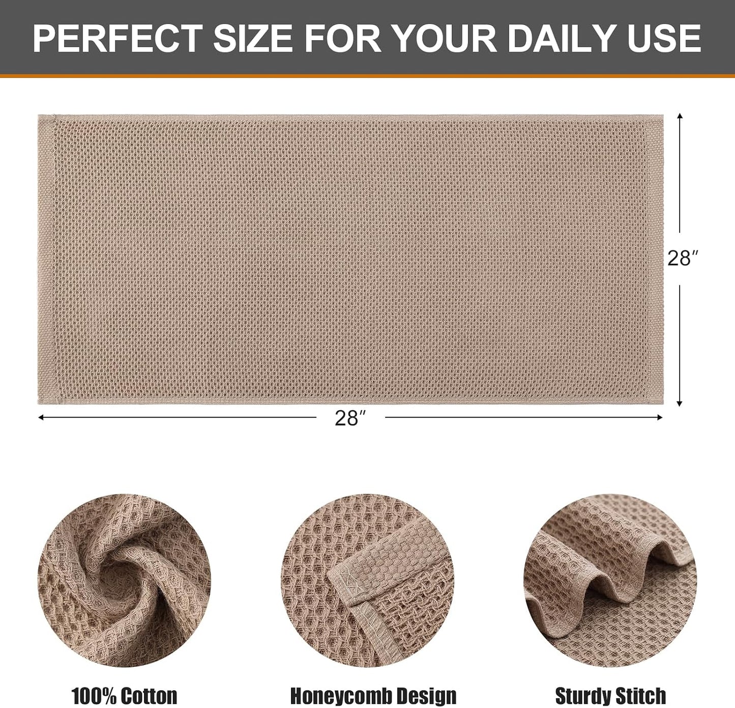 Kitinjoy 100% Cotton Waffle 6-Pack Kitchen Towels, 13" x 28", Tan | Super Soft, Ultra-Absorbent, Fast Drying