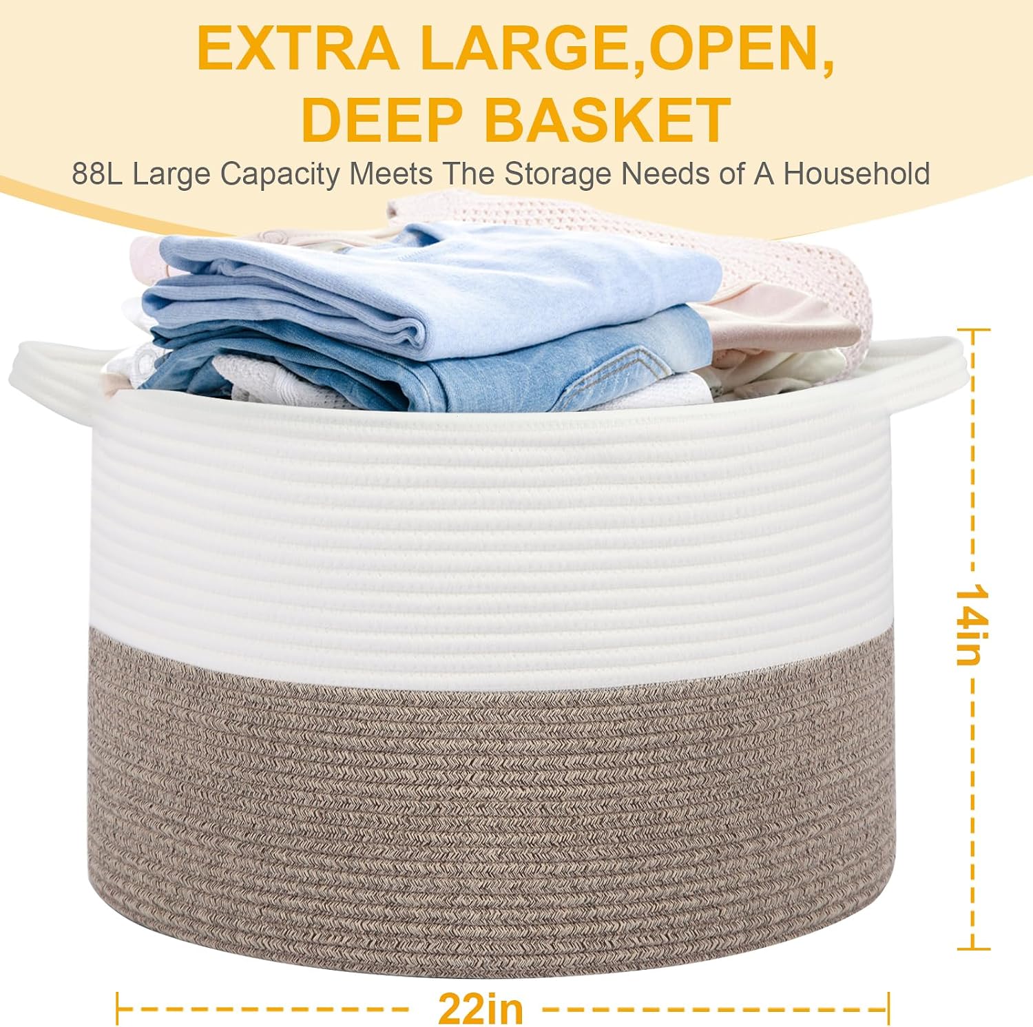 Large Laundry Basket 22''x14''Woven Cotton Rope Baby Blanket Basket / White//brown / 100L