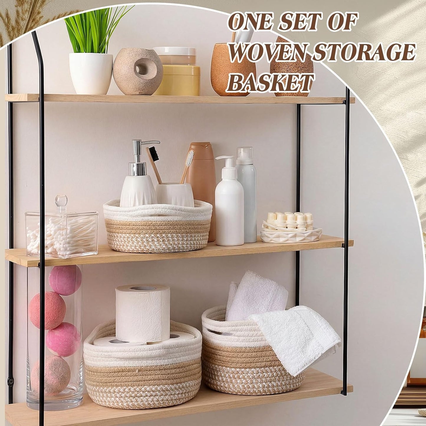 Boho Cotton Rope Storage Baskets for Organizing 3 Sizes Woven Shelf Basket Set Decorative / Set of 6
