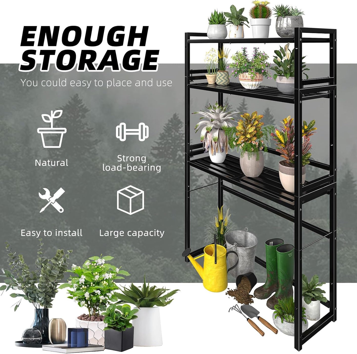 Ekisemio 3-Tier Metal Plant Stand, Heavy Duty Waterproof Indoor Outdoor Stackable Shelf, Tall Flower Pot Holder &