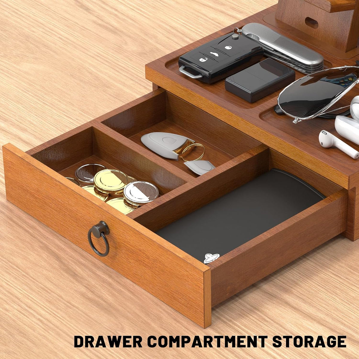 Wood Phone Docking Station, Nightstand Organizer with Drawer | Bedside Table Organizer for Watch & Accessories