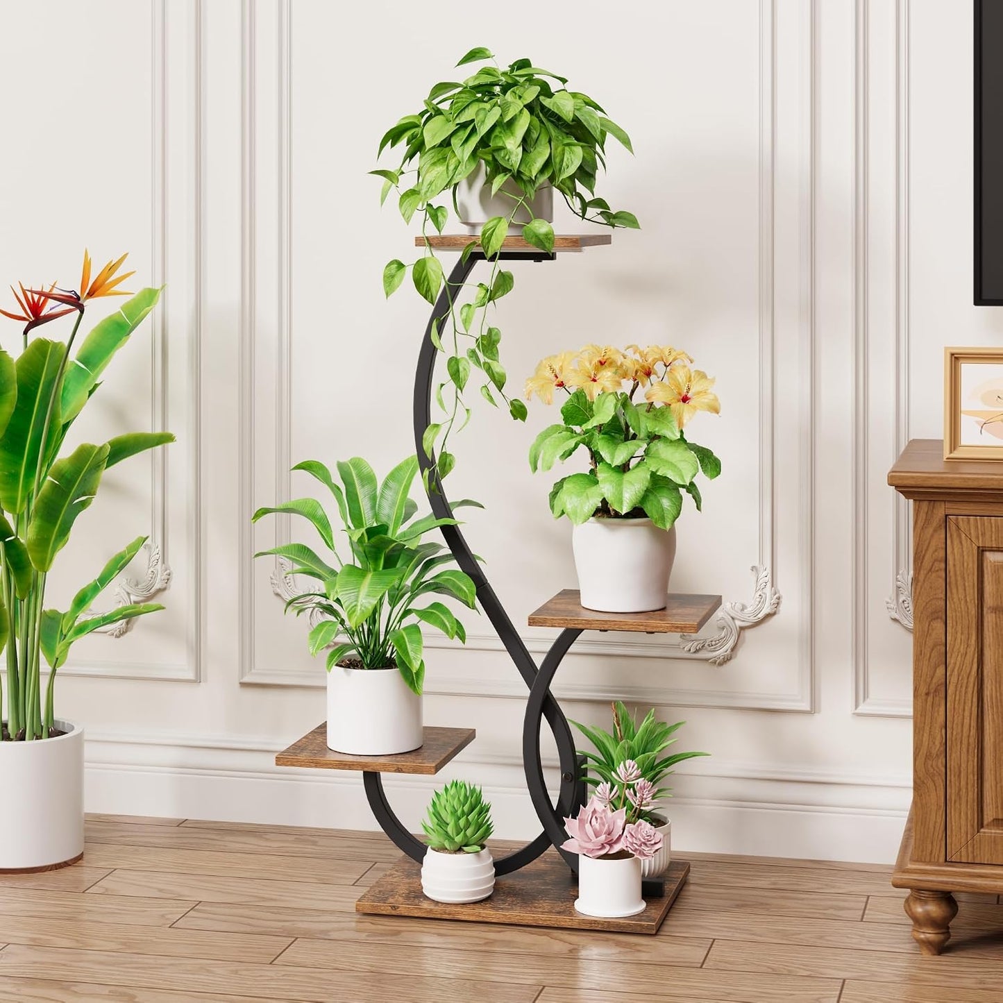 BACEKOLL Plant Stand with Grow Lights 4 Tier Metal Indoor Plant Shelf 32" | S-Shaped Corner Plant Stands Indoor, Grow