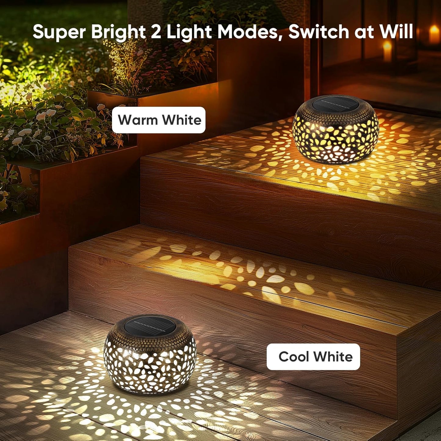 Outdoor Solar Lanterns Patio Decor: 4 Pack Bronze Waterproof Solar Lights | Hollow Out Retro Metal Garden Lantern, Warm
