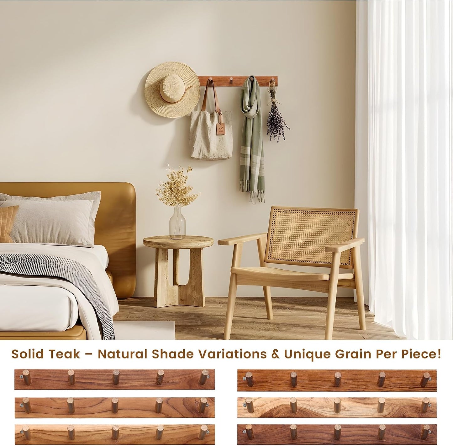 Natural Teak Wall-Mounted Coat Rack (Set of 2, 16'' Hole to Hole) - Farmhouse Entryway Hooks with 5 Wooden Hooks Each