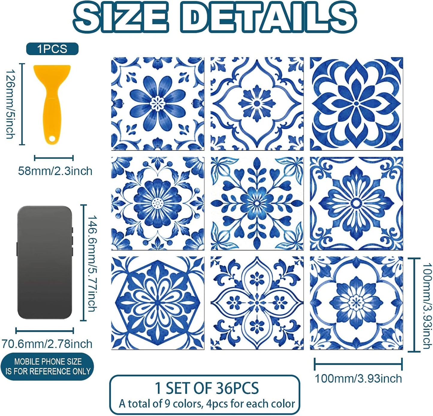 9 Style Textured Flowers Tile Stickers Relief Floral Peel and Stick / Blue and White / Set of 36