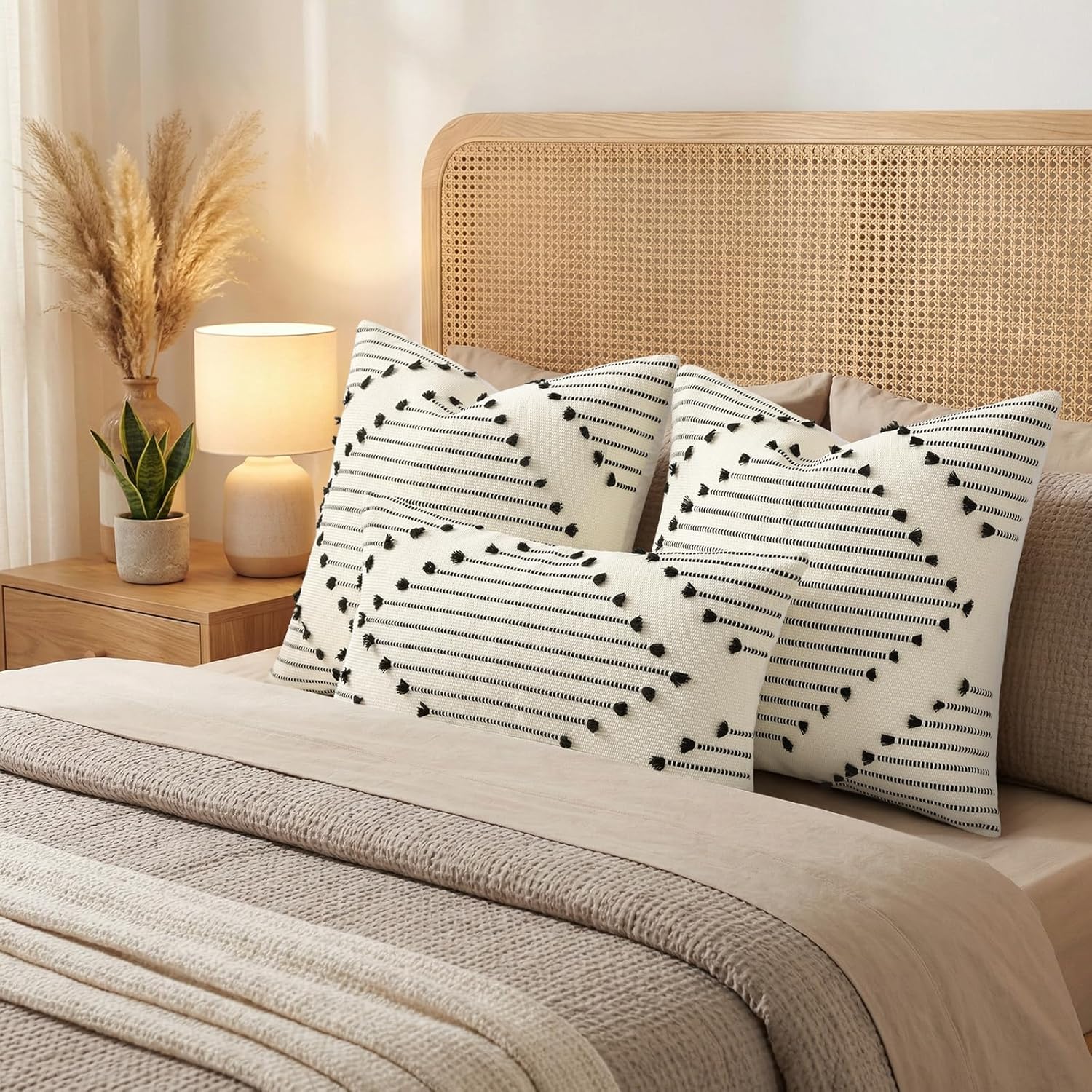 Farmhouse Decorative Pillow Covers / Beige Black / 18 x 18 / Set of 2