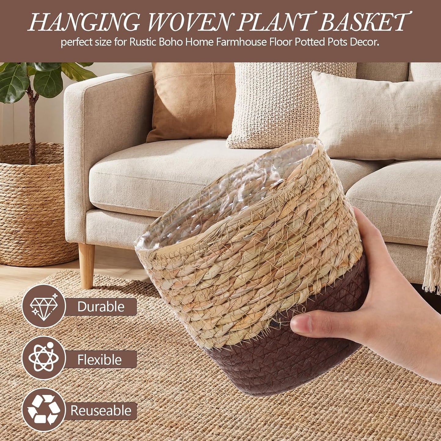 Seagrass Hanging Planter Basket Hand Woven Plant Basket / Brown, Coffee Brown / Small / Set of 6