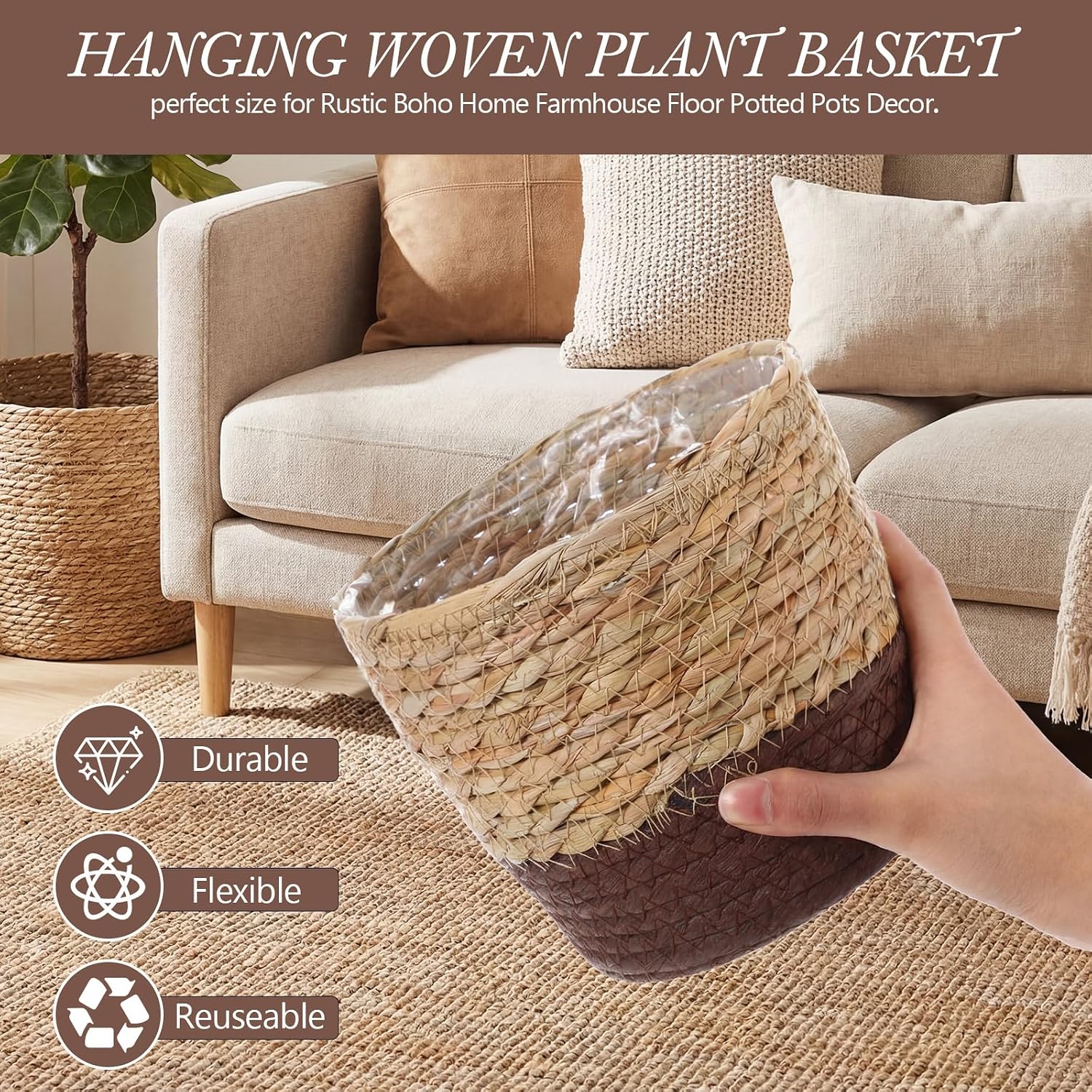 Seagrass Hanging Planter Basket Hand Woven Plant Basket / Brown, Coffee Brown / Small / Set of 6