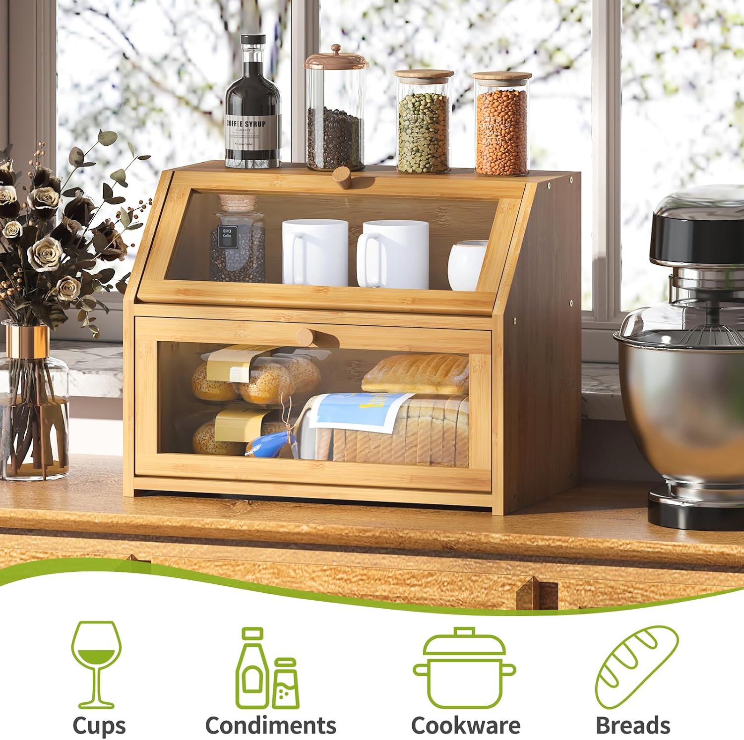 BMOSU Farmhouse Bread Box for Kitchen Countertop Bread box Double Layer Bamboo Wooden Extra Large Capacity Bin Kitchen