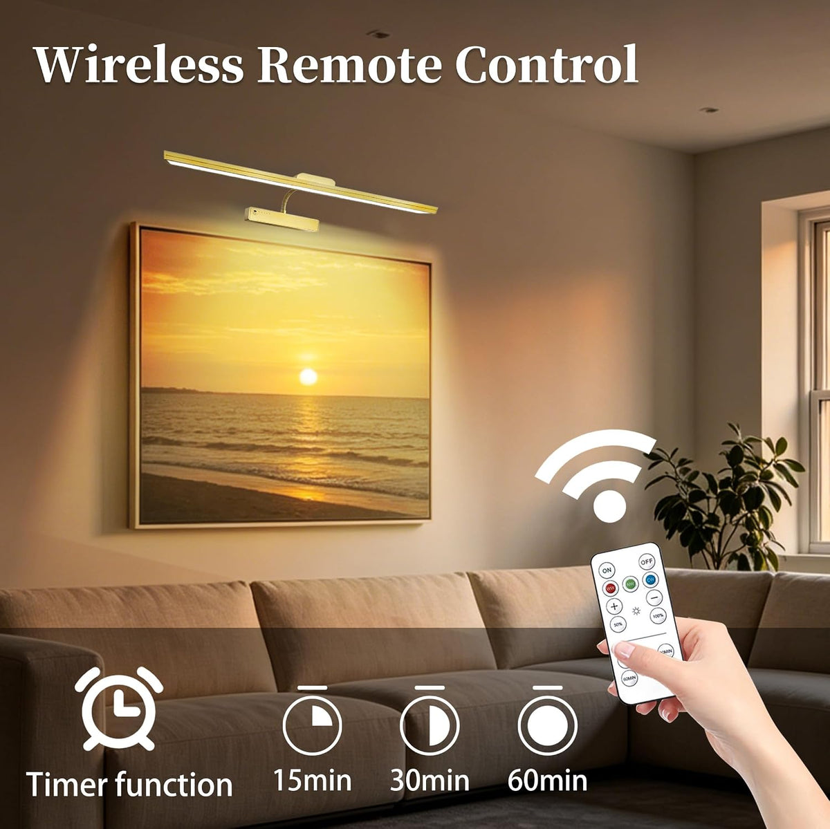 MIOBLUE Picture Light for Wall, 4800mAh Rechargeable Wireless Remote, 15in Dimmable Timer LED Art Display Light with 3