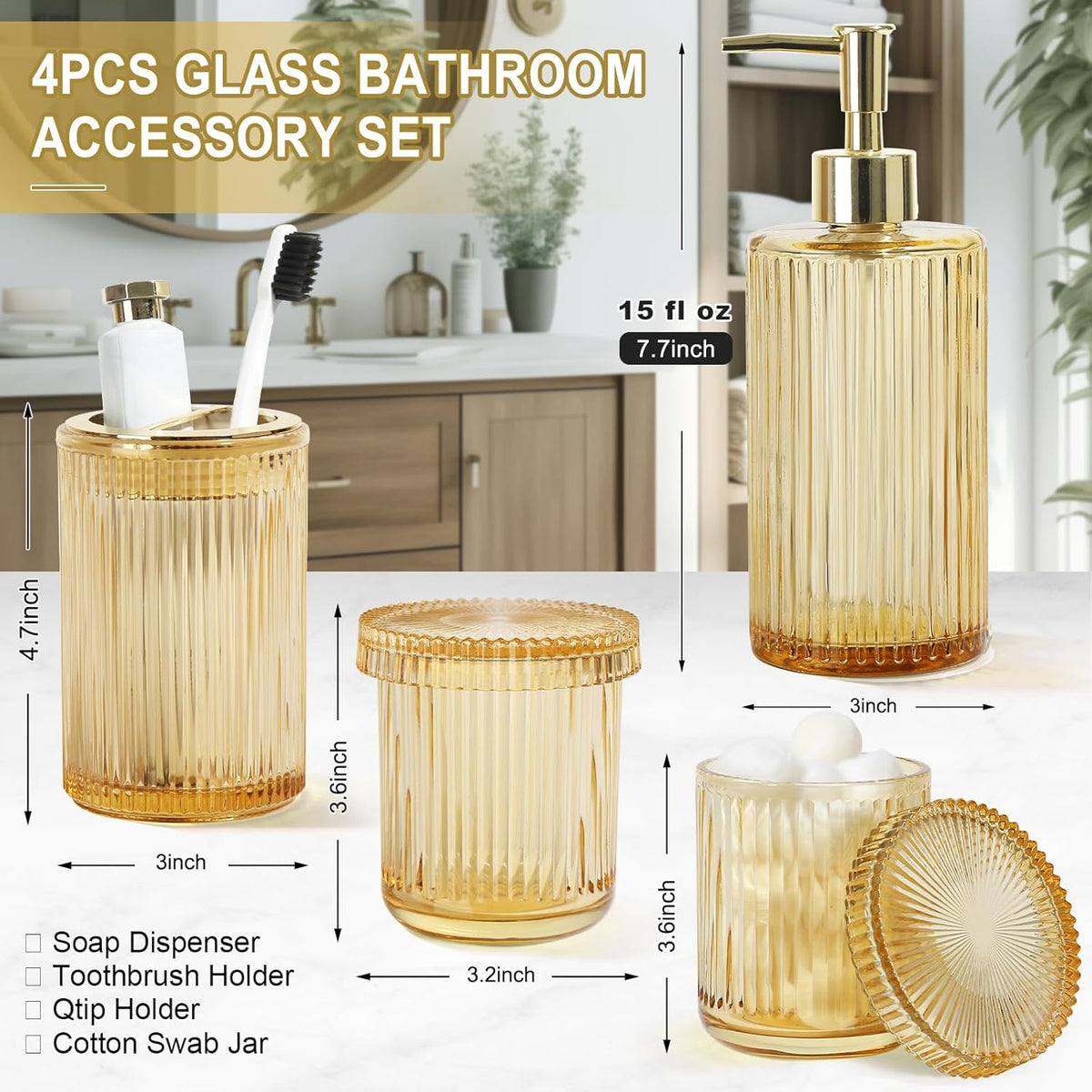 KASUNTING Gold Bathroom Accessories 4 Pcs, Gold Glass Soap Dispenser and Toothbrush Holder Set, Qtip Holder Set, Glass