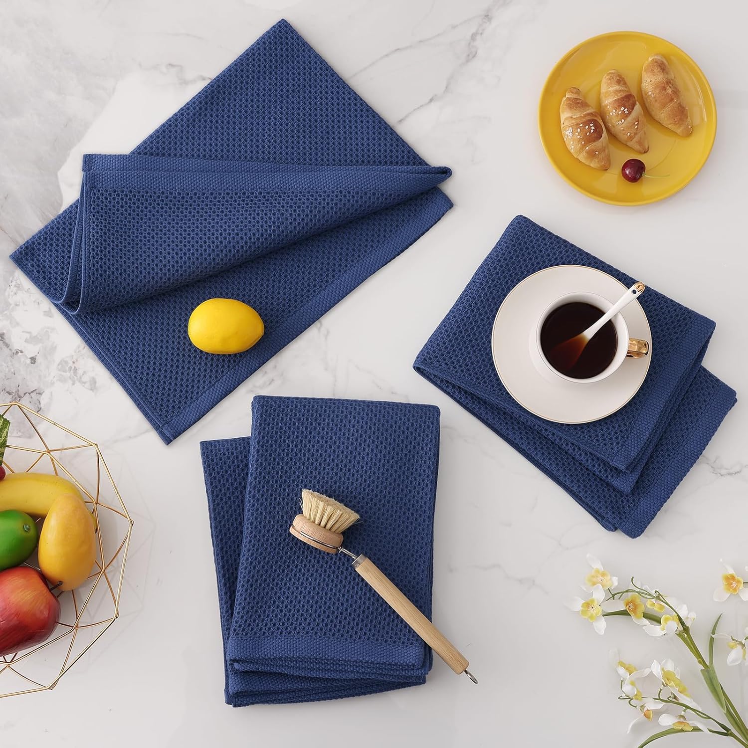 Homaxy 100% Cotton Oversized Waffle Weave Kitchen Towels 4-Pack, Navy Blue | 20 x 28 Inches, Ultra Soft Absorbent Dish