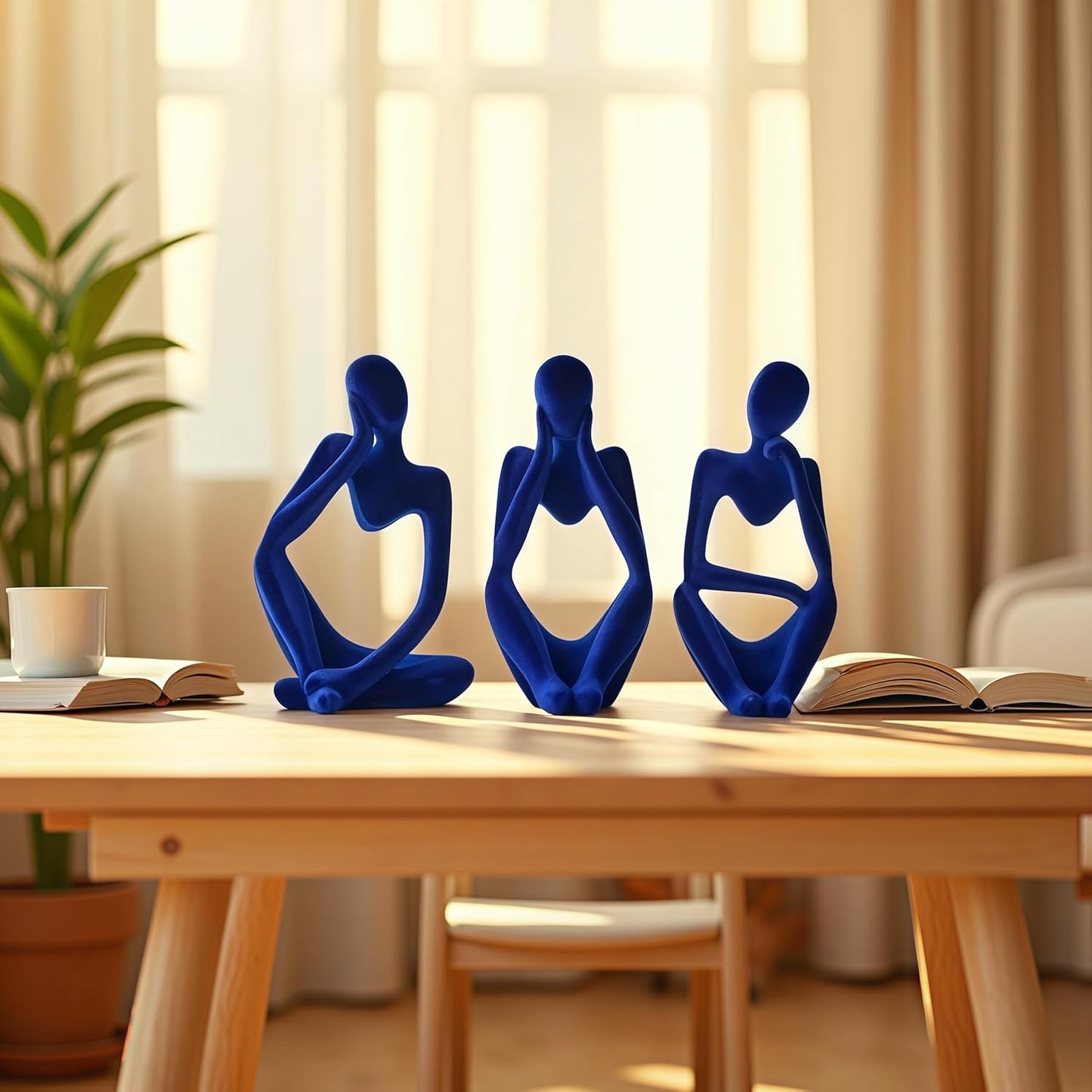 Thinker Statue Home Decor-Bookshelf & Living Room&Mantel-Collectible / Flocking Blue / Set of 3