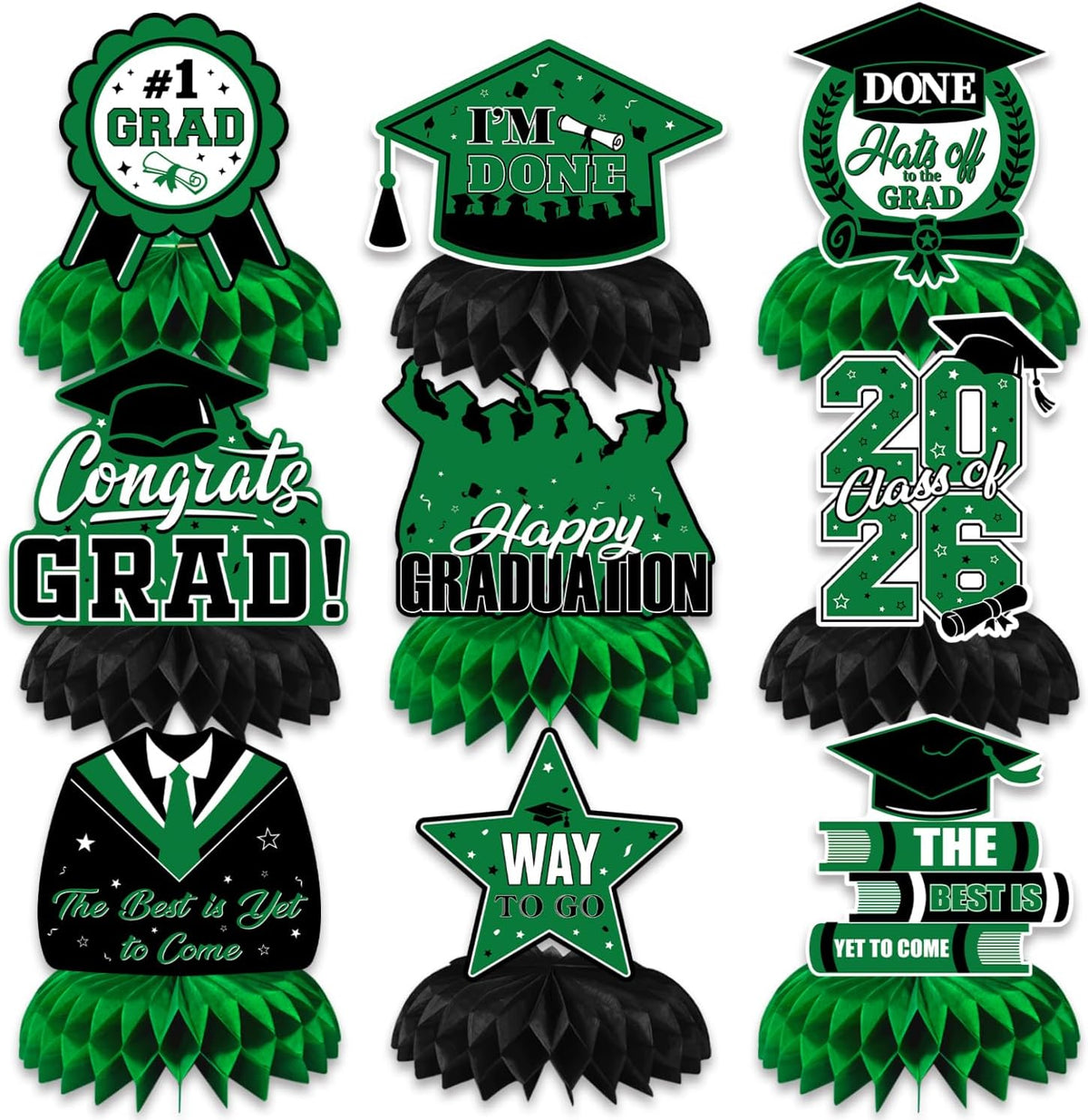Graduation Table Decorations 2026,Green Graduation Centerpieces for Tables, 9Pcs Honeycomb Centerpieces, 3D Congrats Grad Table Toppers for Grad Party Decorations, Class of 2026 Decor