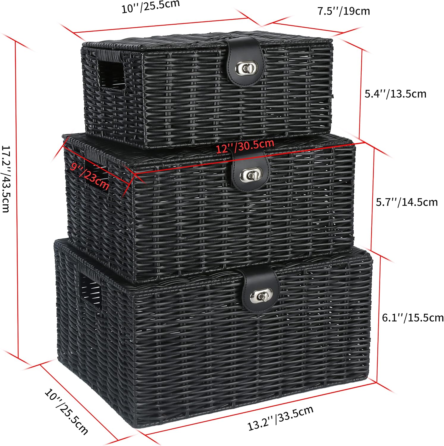 Woven Basket / Wicker Storage Baskets / Black / Set of 3