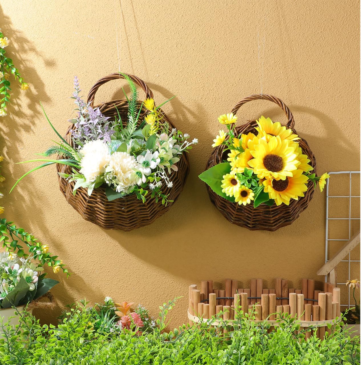 Wall Hanging Flower Pot Basket Rattan Wall-Mounted Flower Basket
