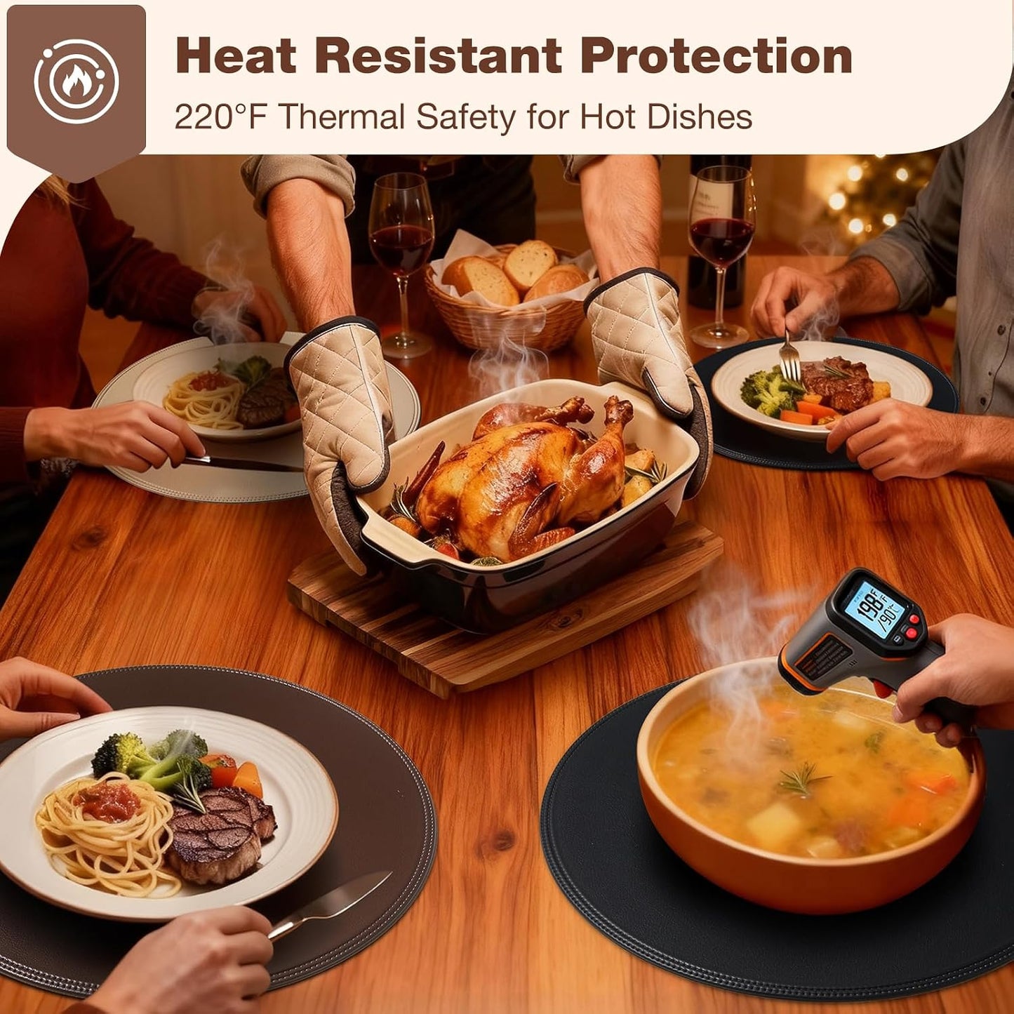 Round Vinyl Brown Placemats Set of 6, Faux Leather Waterproof Wipeable Heat Resistant Place Mats, Washable Table Mats
