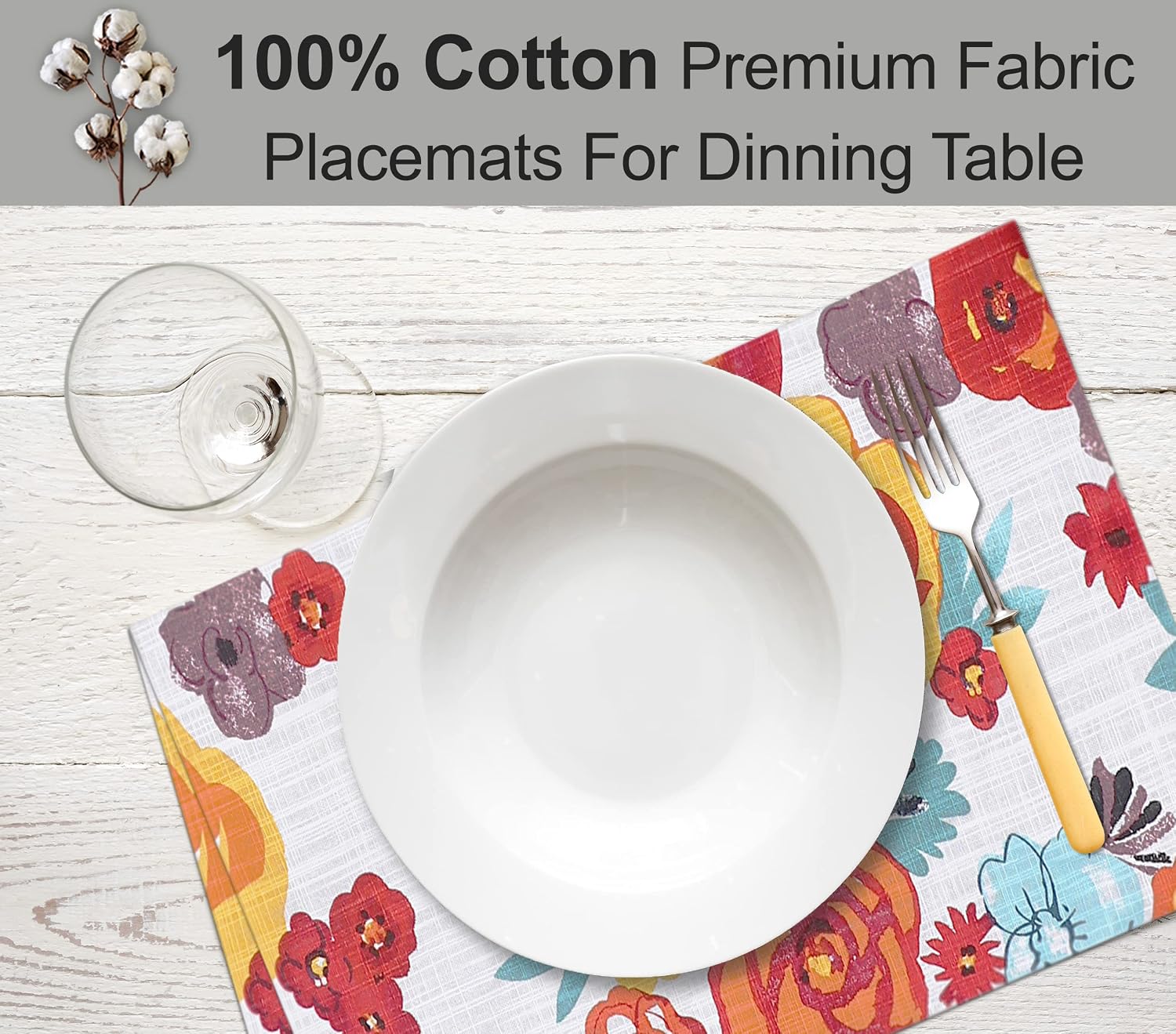 Ruvanti Placemats Set of 6, 100% Cotton Place Mats of 13"x19", Multi Flower | Heat, Stain resistant, Washable