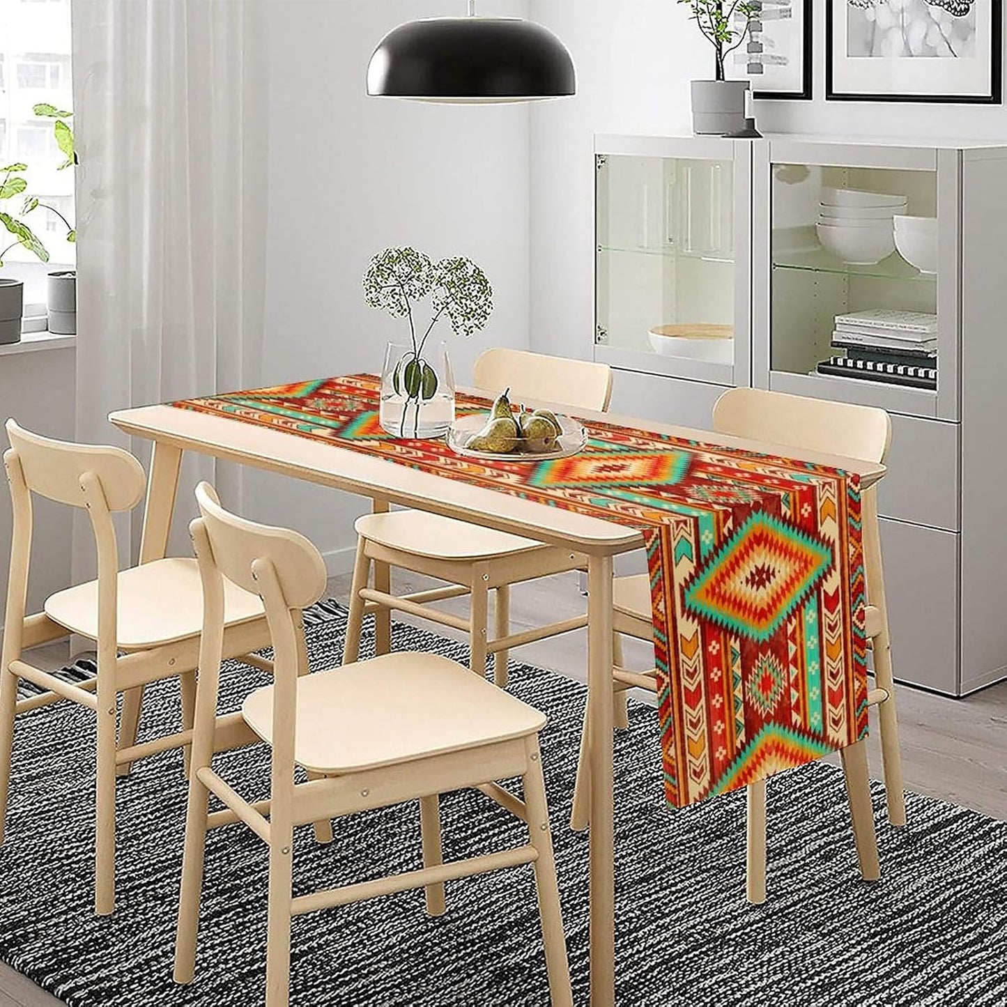 Aztec Southwest Table Runner,Ethnic Style Design Boho Geometric Pattern Printed Linen Table Runner for Home Kitchen