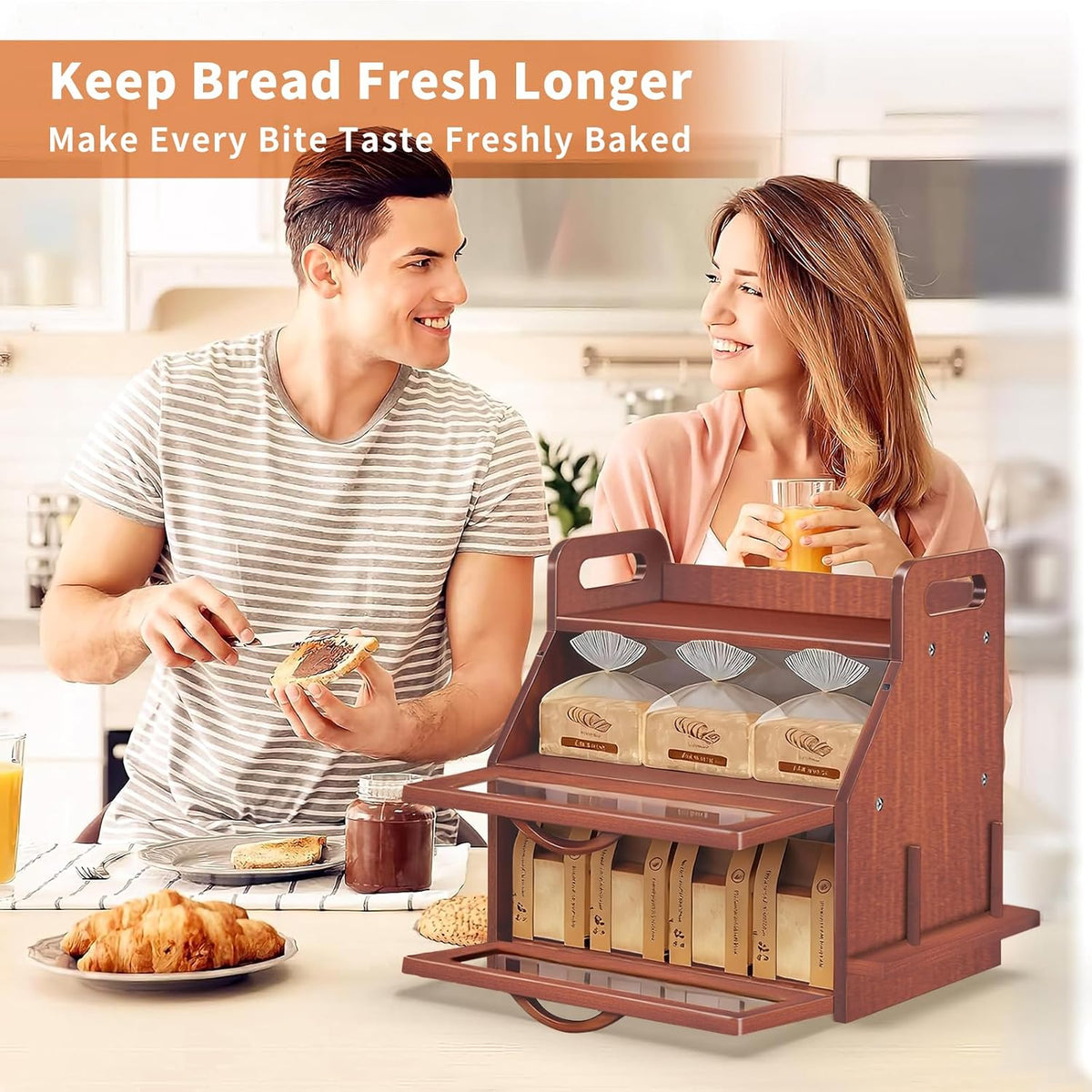 BAMBANG Bread Box for Kitchen Countertop, Extra Large Double Layer Bamboo Breadbox with Clear Window, Farmhouse Wooden